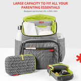 Grey quilted backpack with lime green lining, open main compartment, front zip pocket, and side pockets. Includes two smaller