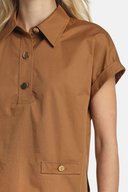 Tobacco brown collared shirt with short rolled sleeves, a partial placket with three gold-toned buttons, and one flap pocket