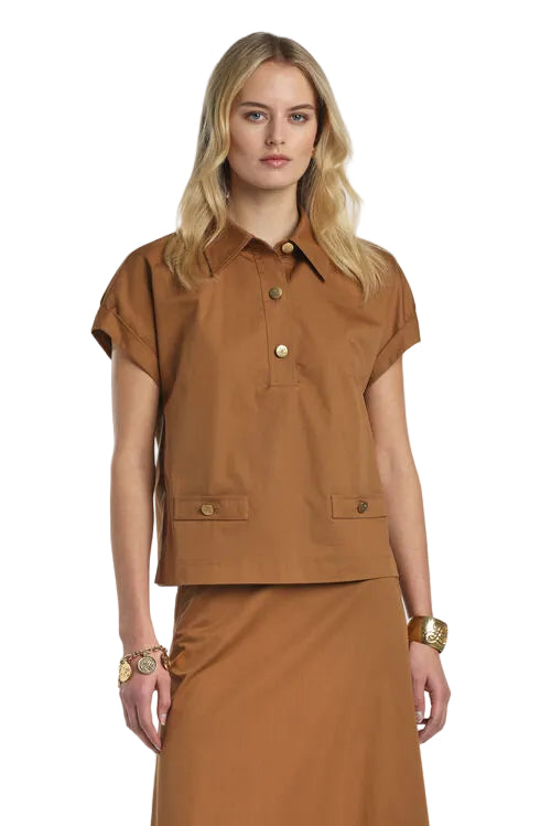 Tobacco brown collared short sleeve shirt with gold-toned buttons, partial placket, and two front flap pockets.