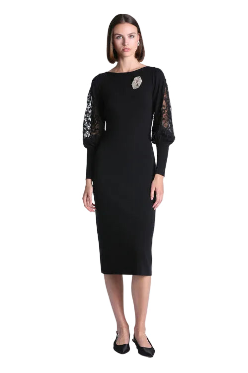 Black fitted knee-length dress with boat neckline and sheer black lace balloon sleeves with fitted cuffs.