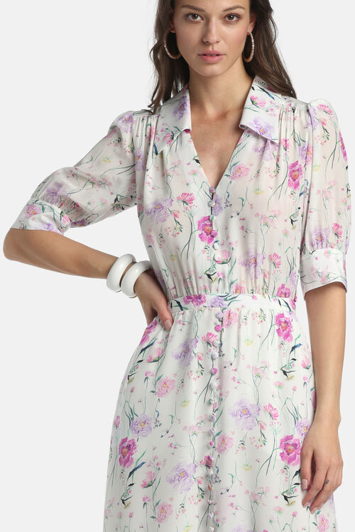 Off-white dress with fuchsia & purple floral print, collared V-neck, button-front, puffed elbow sleeves, elastic waist, skirt