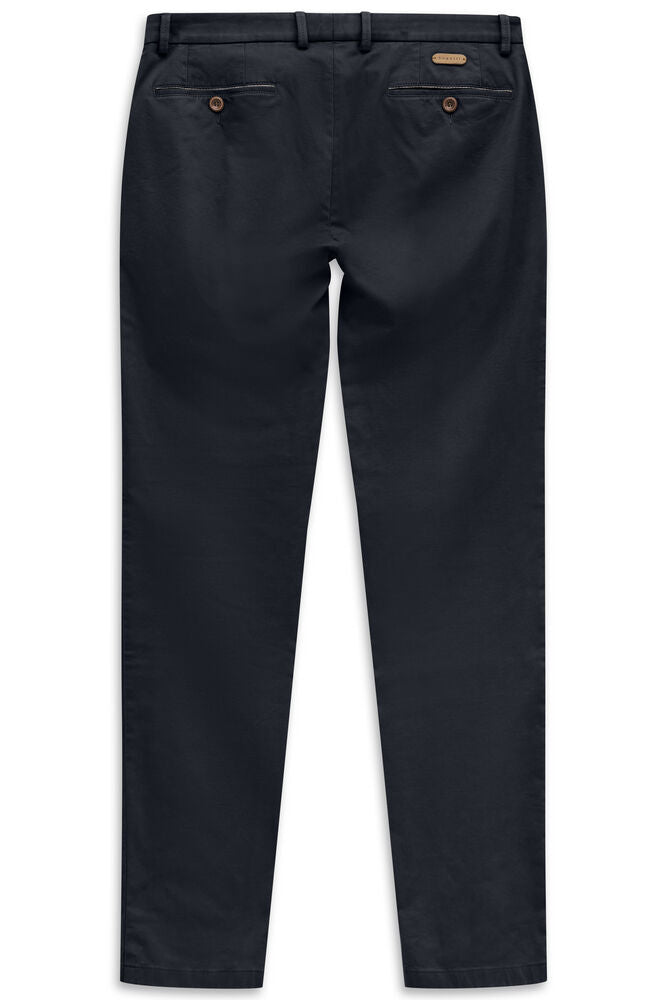 Navy blue trousers, back view, with belt loops, two back pockets with brown buttons, and a brown leather-like brand patch on