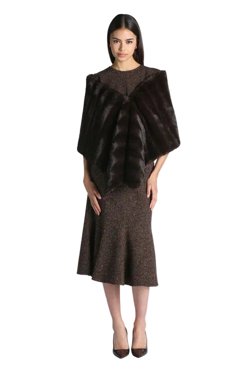 Dark brown faux fur wrap with horizontal paneling, covering the shoulders and upper torso.