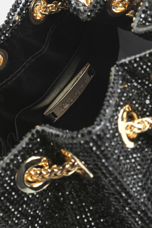 Black drawstring bag with all-over glitter texture, gold-toned chain details, and an interior gold-toned Liu Jo plaque.