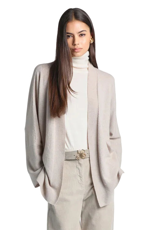 Beige open cardigan made from carded wool, featuring a relaxed fit and dropped shoulders.