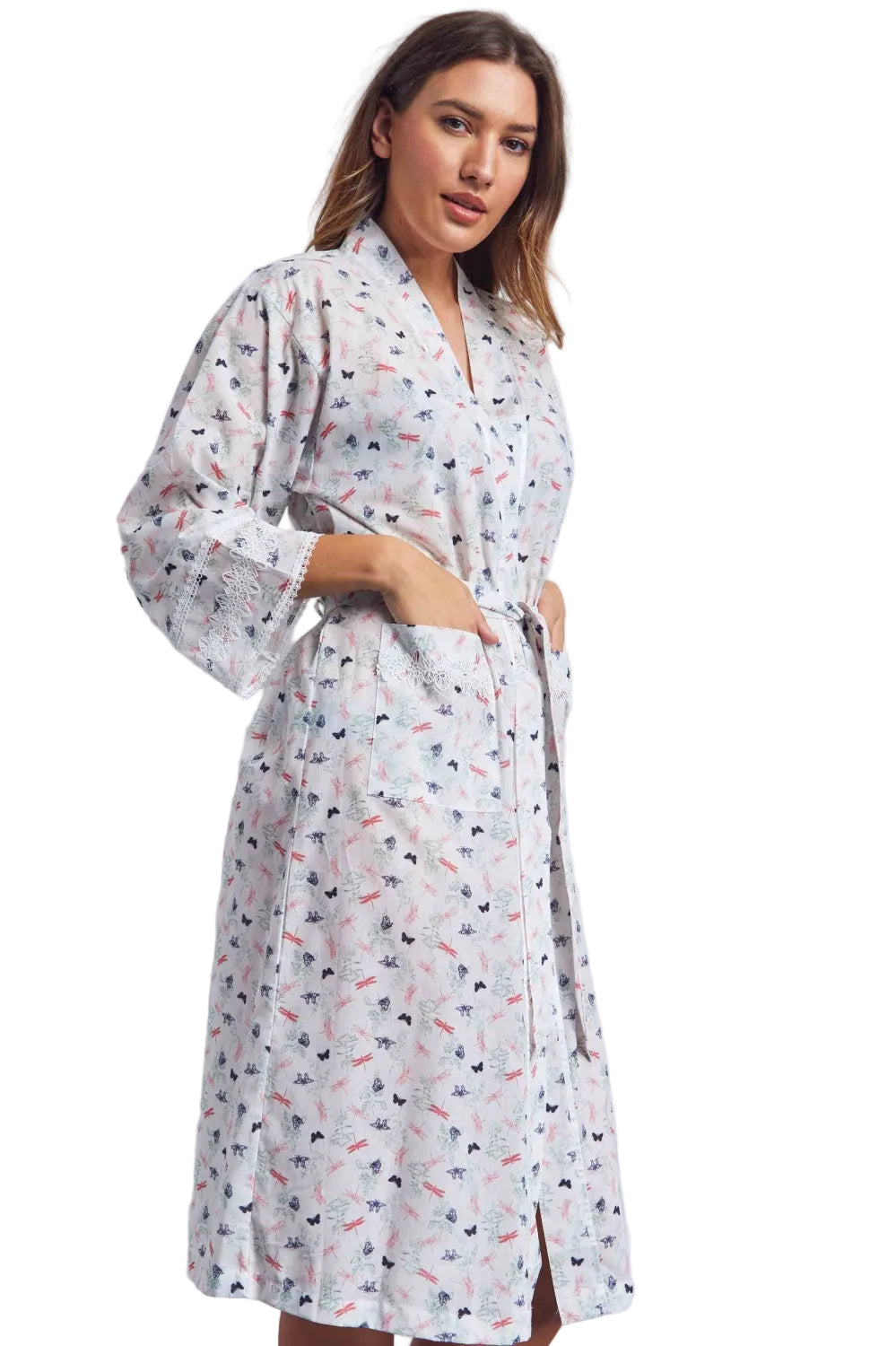 White voile kimono wrapover with a multi-coloured butterfly and dragonfly print, self-tie belt, front patch pockets, and lace