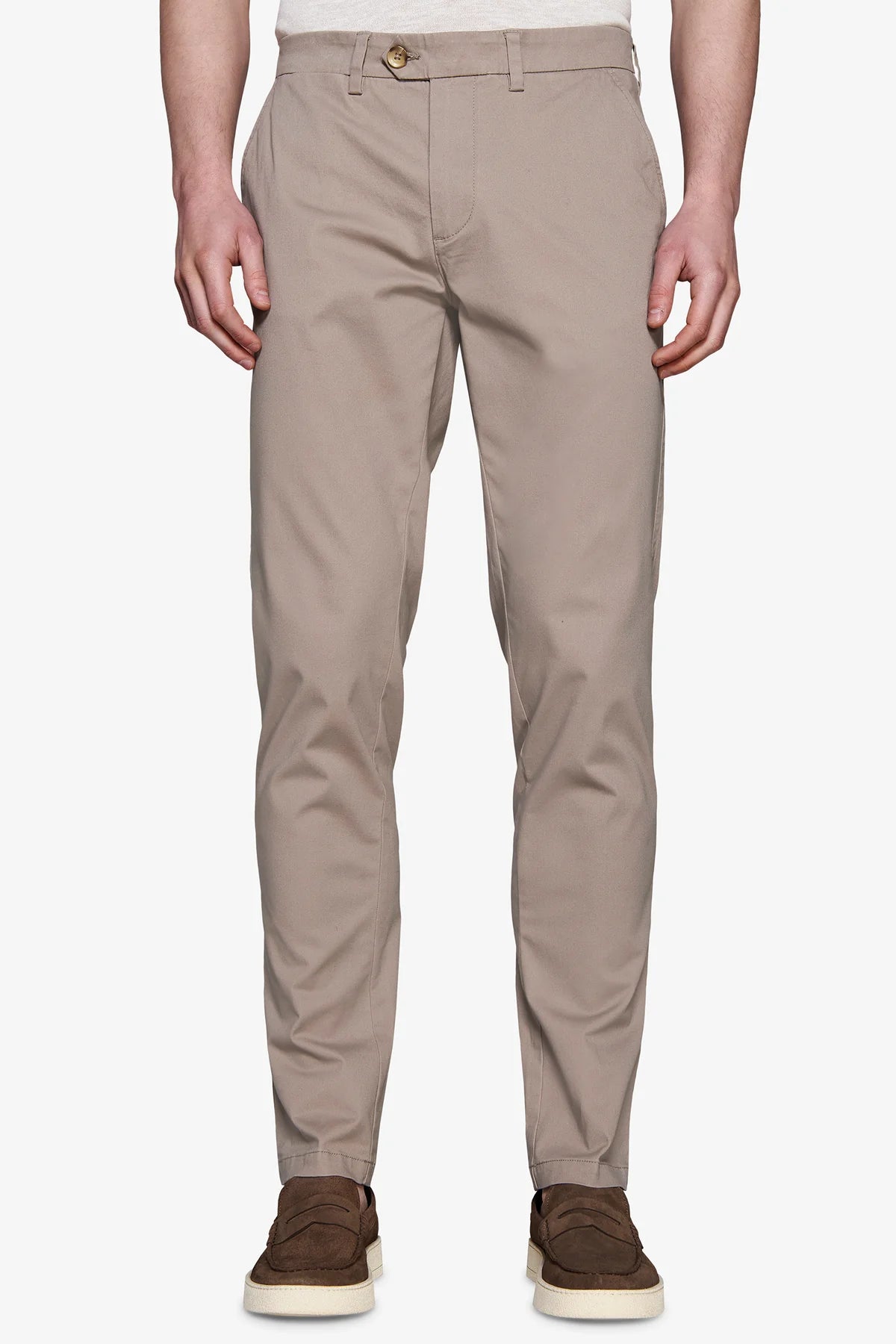 Taupe flat-front trousers with belt loops, a light brown button, and zipper fly. Smooth fabric.