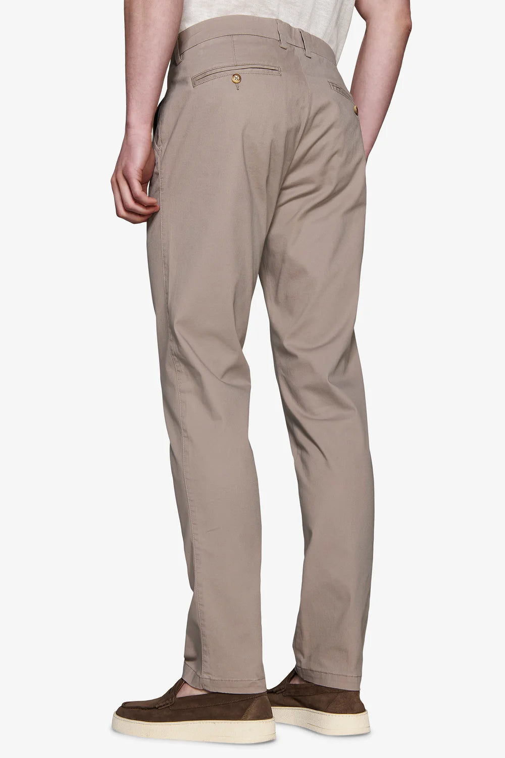 Taupe trousers with a straight leg fit, featuring belt loops and two jetted back pockets with gold-toned buttons.