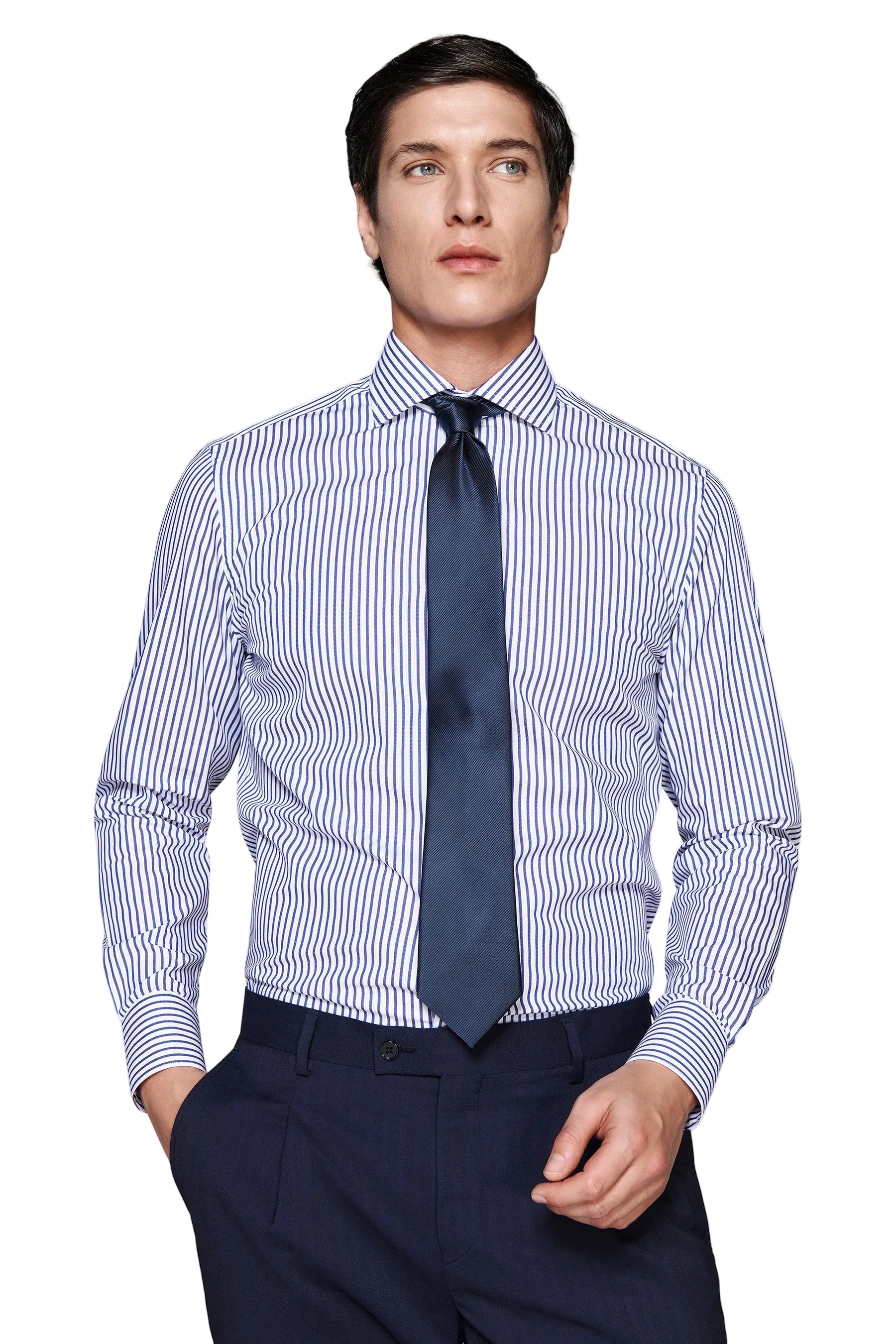 White men's long-sleeved shirt with thin blue vertical stripes, a spread collar, and buttoned cuffs.