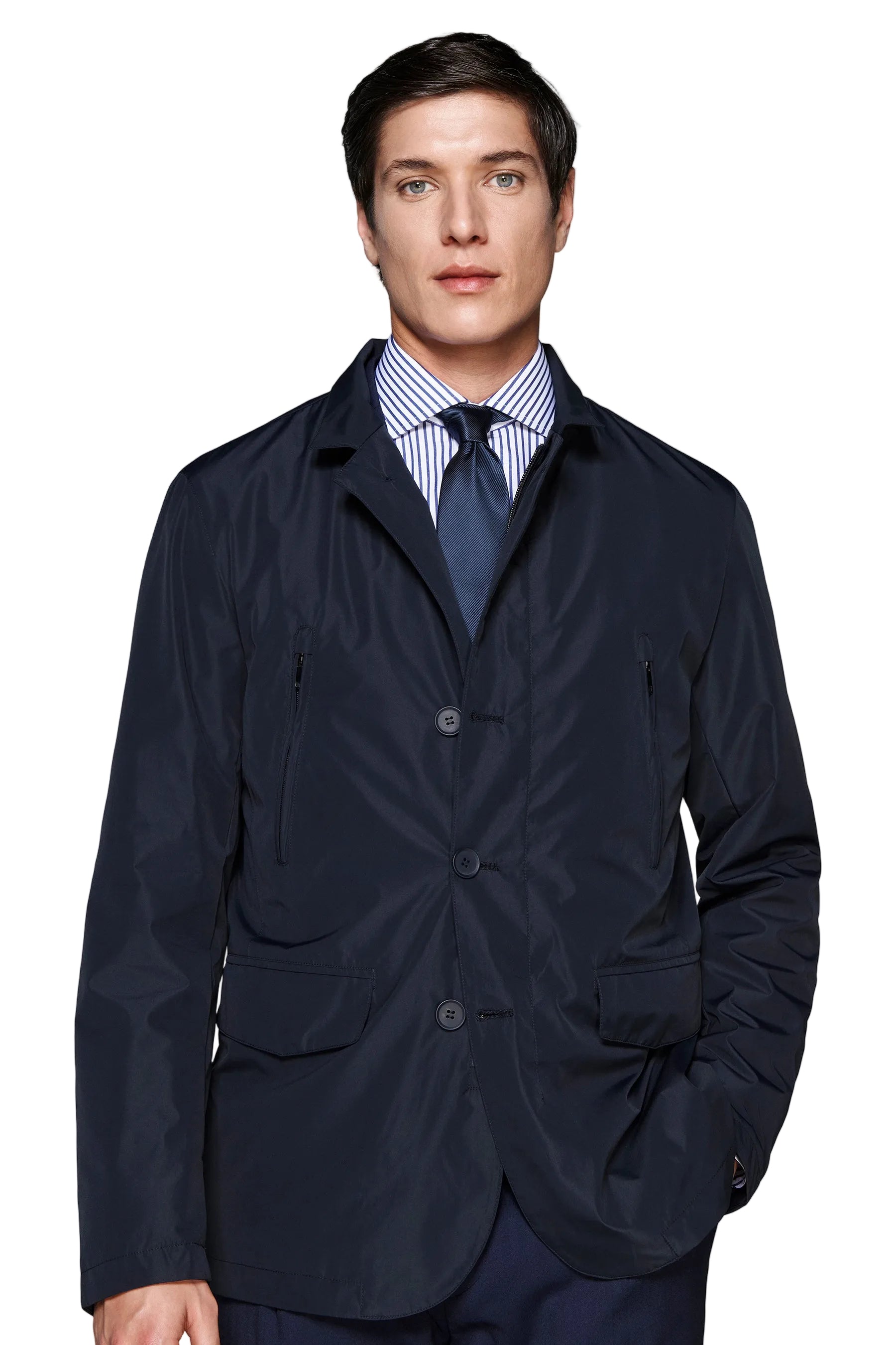 Navy blue men's lightweight outerwear jacket with notched lapel, three-button closure, two zipped chest pockets, and two flap