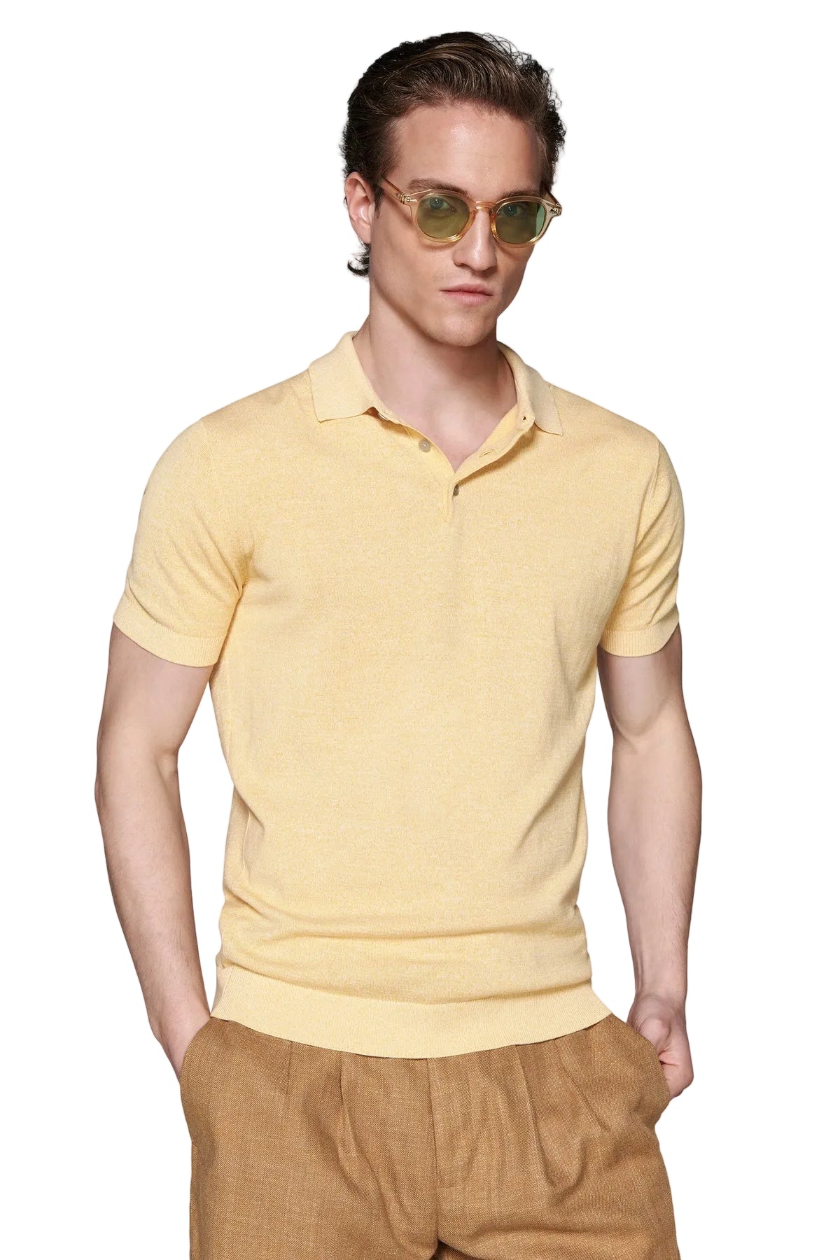 Yellow short-sleeved knit polo shirt with a classic collar and three-button placket.