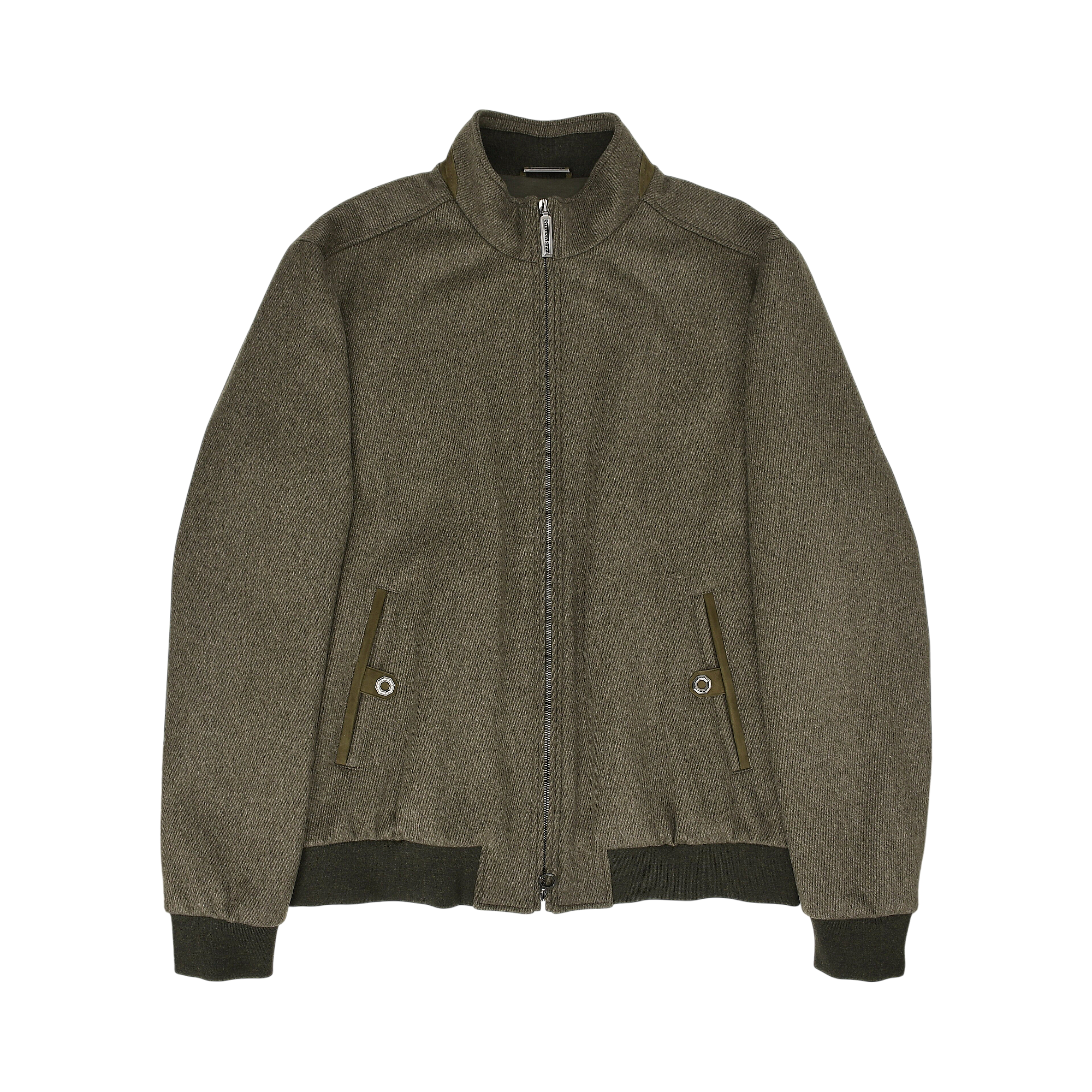 Dark green herringbone sport jacket with stand collar, full-zip, two angled snap pockets, ribbed cuffs & hem.