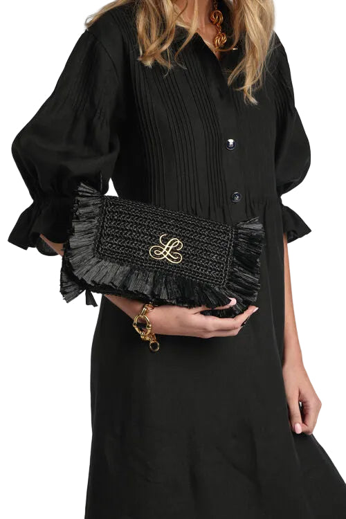 Black woven clutch bag with fringe trim and a gold-toned 'L' logo. Includes a chunky gold-toned chain wristlet.