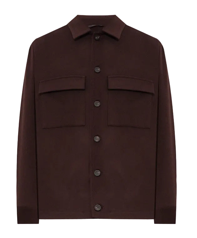 Burgundy red felted shirt jacket with a collar, dark button-front closure, and two flap chest pockets.