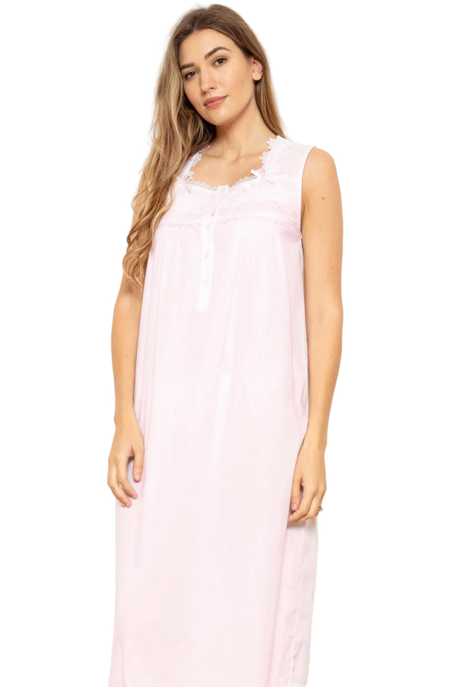 Pale pink sleeveless nightdress with a square neckline, white lace trim, and a partial button placket.