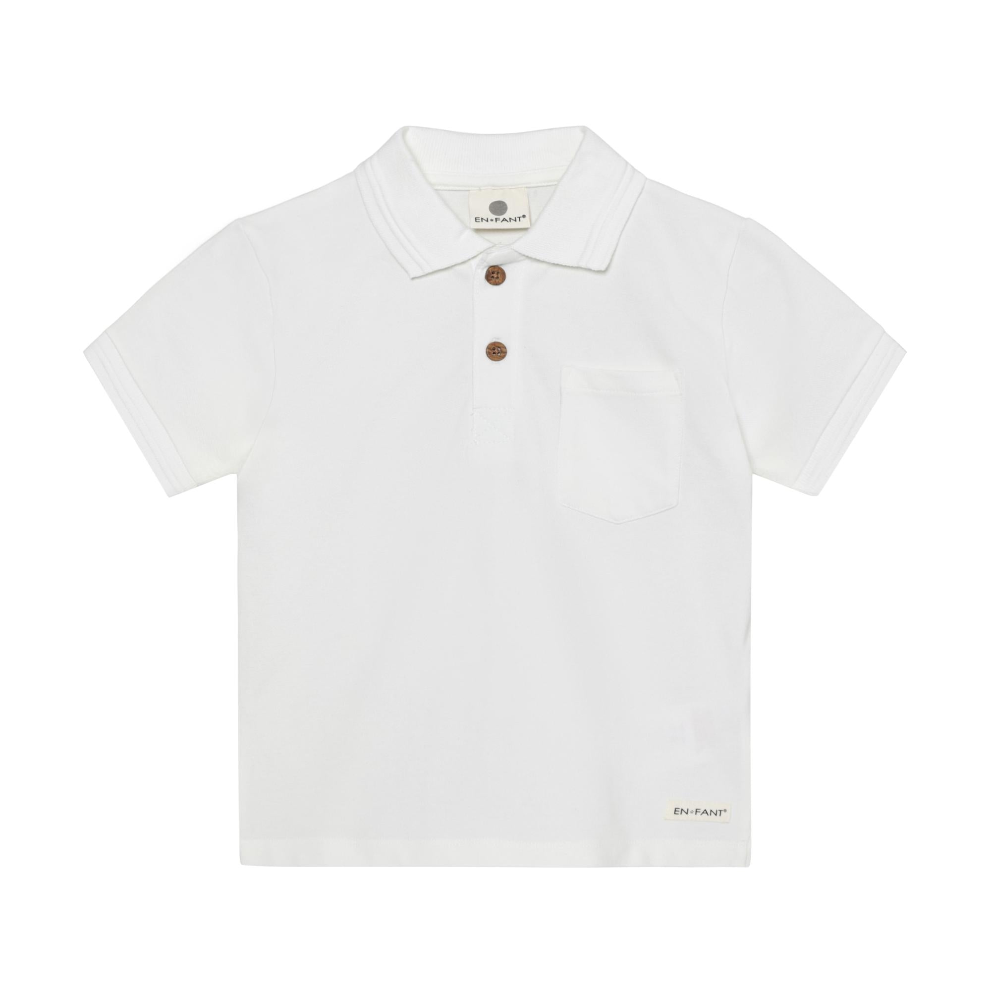 White short-sleeved polo shirt for kids, featuring a classic collar, two brown buttons, and a chest patch pocket.