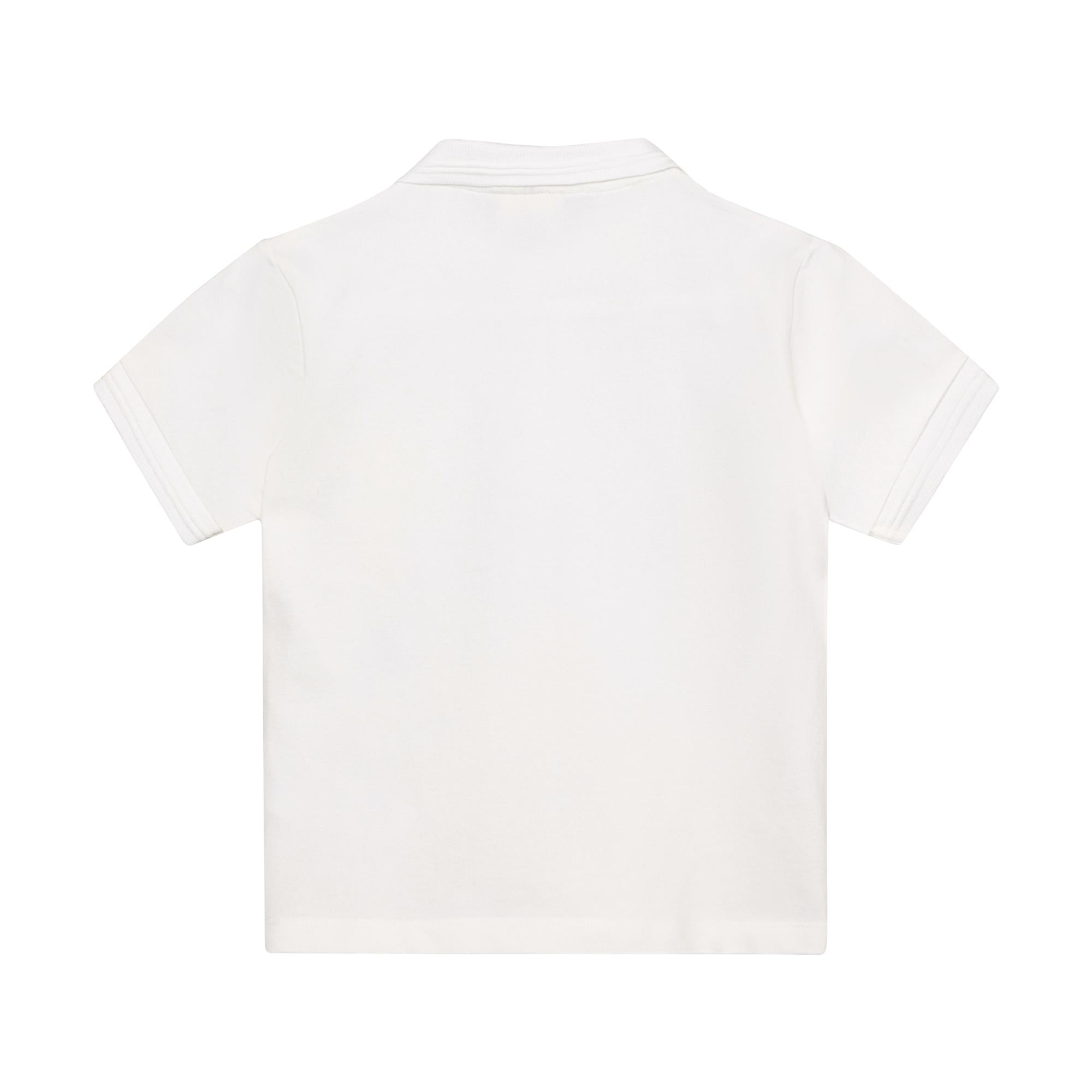 White short-sleeve polo shirt, back view. Features a ribbed collar and ribbed cuffs on the short sleeves.