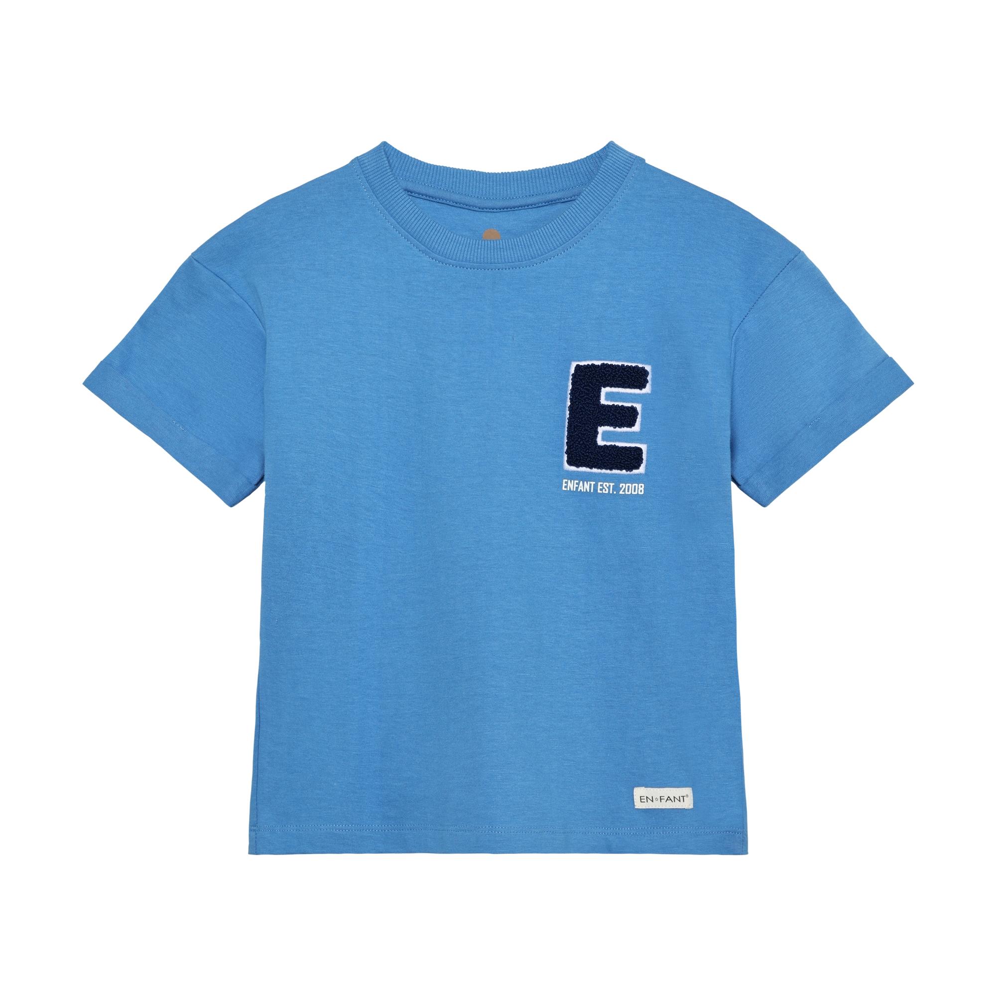 Light blue short-sleeved T-shirt with a ribbed crew neck and a dark blue textured 'E' appliqué on the chest.