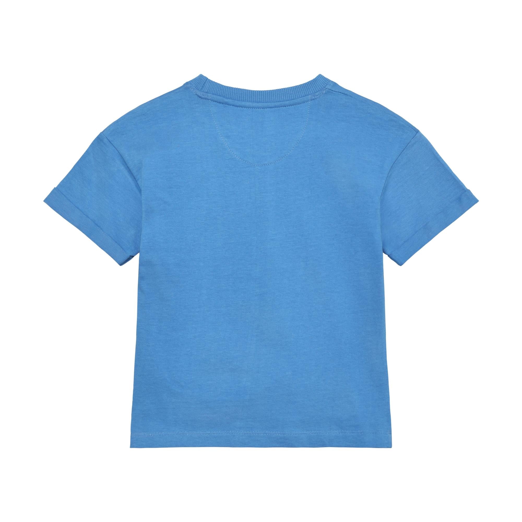 Plain blue short-sleeved t-shirt, back view. Features a ribbed crew neck and a V-shaped stitch detail below the collar.