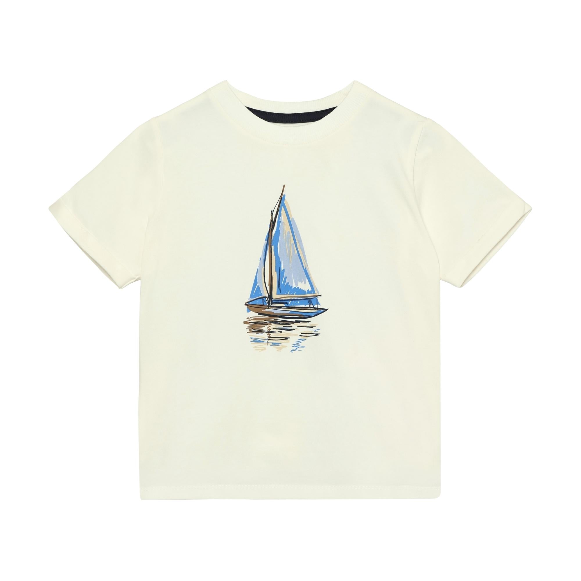 Off-white short-sleeved t-shirt for children with a blue and brown sailboat graphic print on the front.