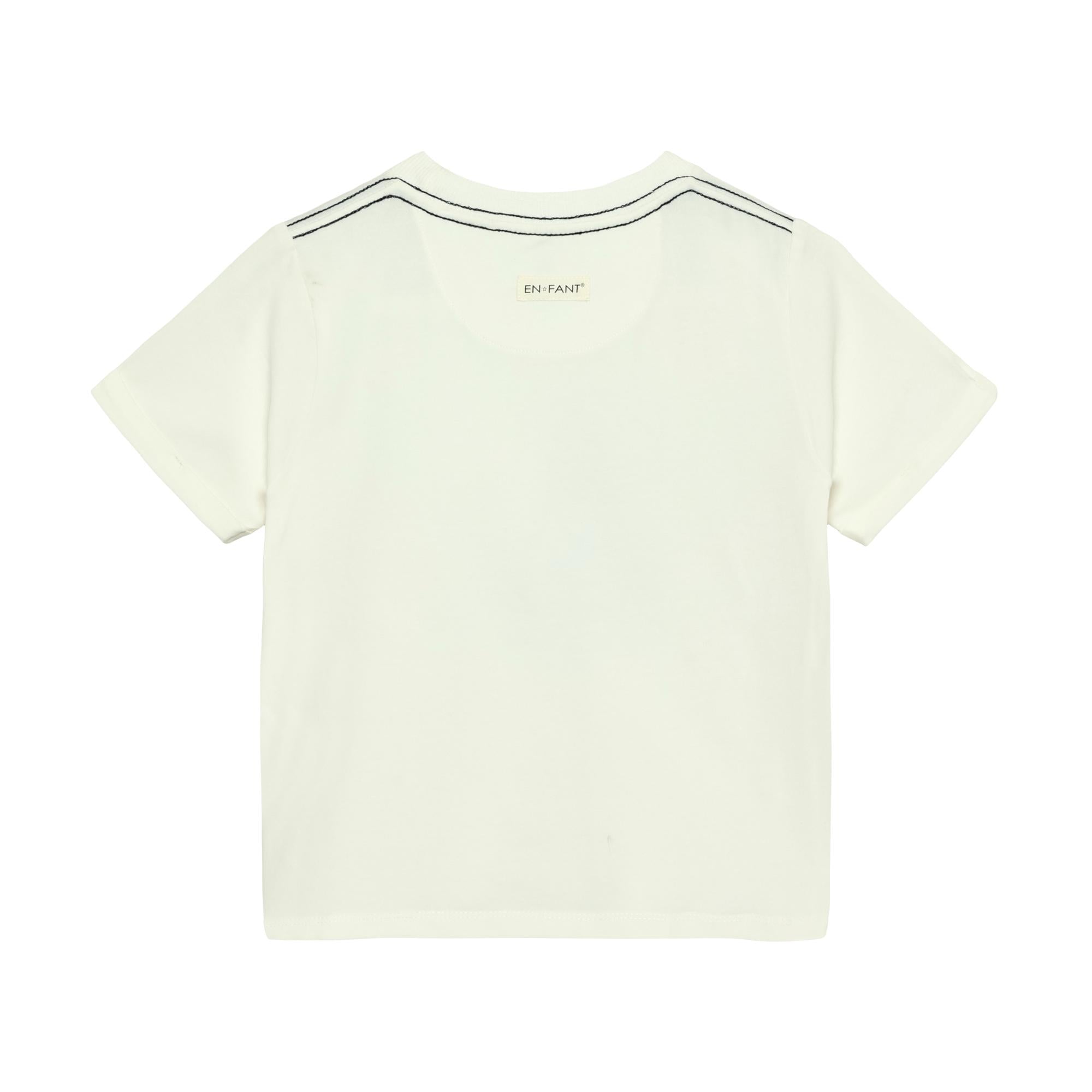 Off-white short-sleeved t-shirt with two thin, dark blue stitched lines across the upper back and an 'EN FANT' label.
