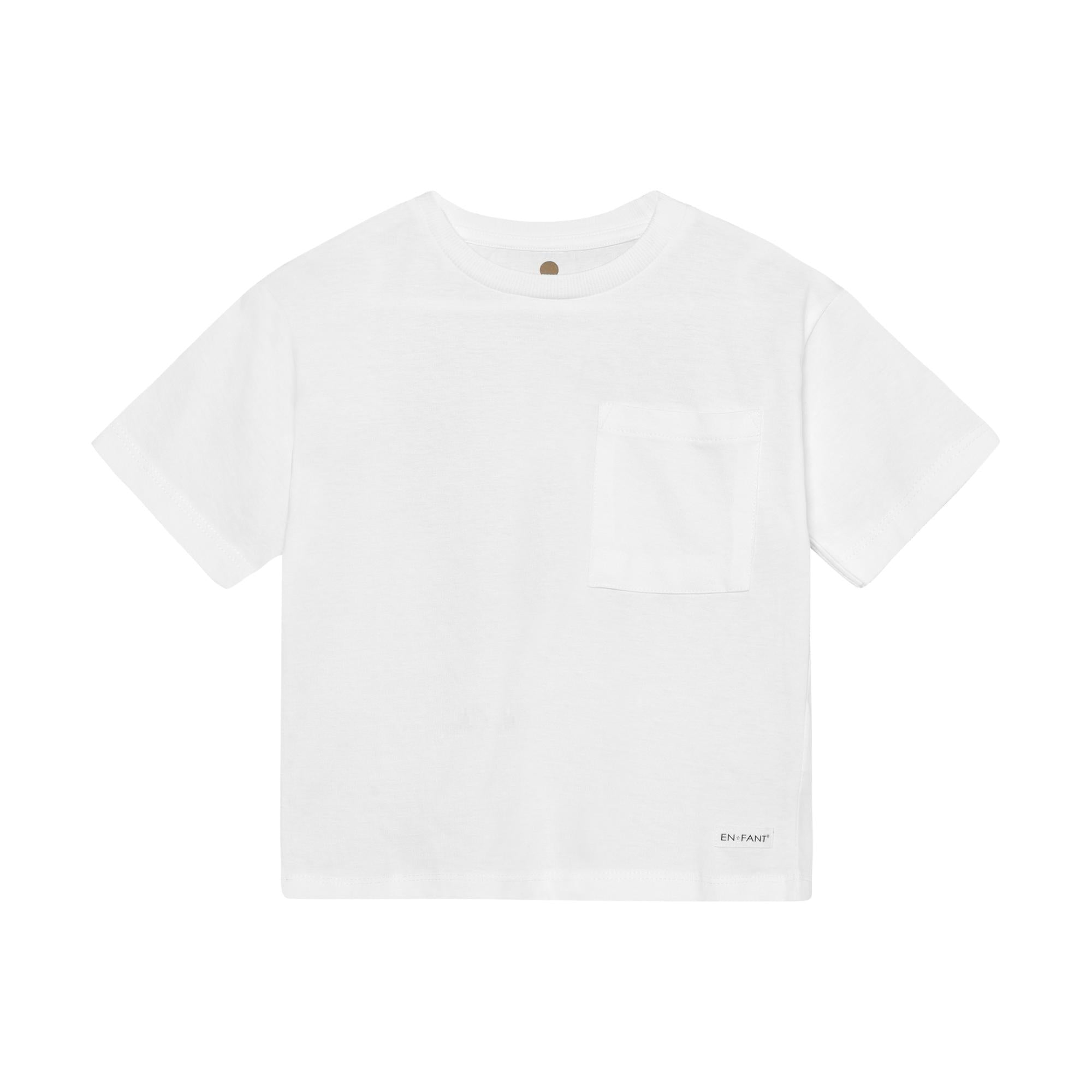 White short-sleeved t-shirt with a crew neck and a patch pocket on the left chest, featuring a small brand logo.
