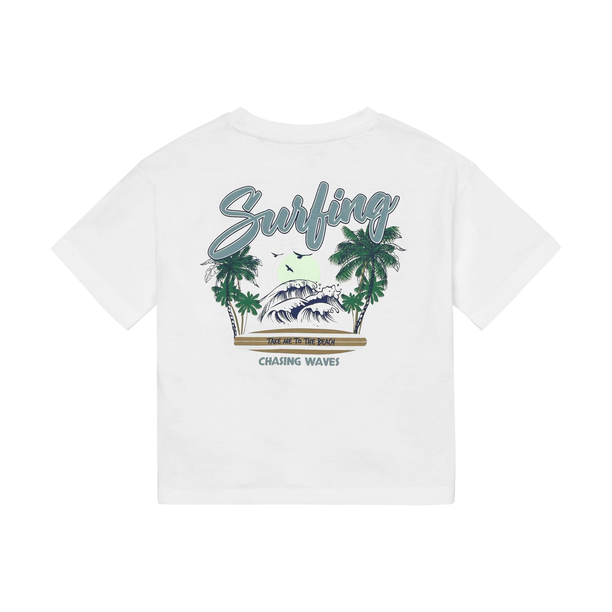 White short-sleeve t-shirt with a back graphic: "Surfing" script, palm trees, sun, waves, and "TAKE ME TO THE BEACH" and "CHA