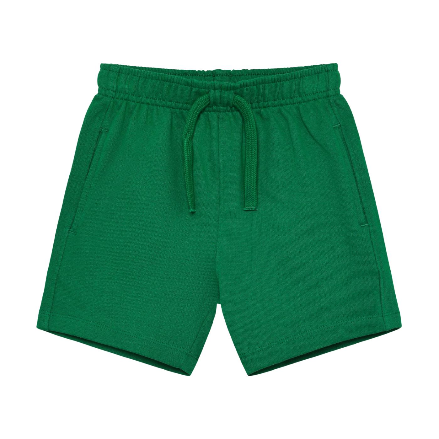 Green relaxed-fit kids' shorts with an elasticated drawstring waistband and two side pockets.