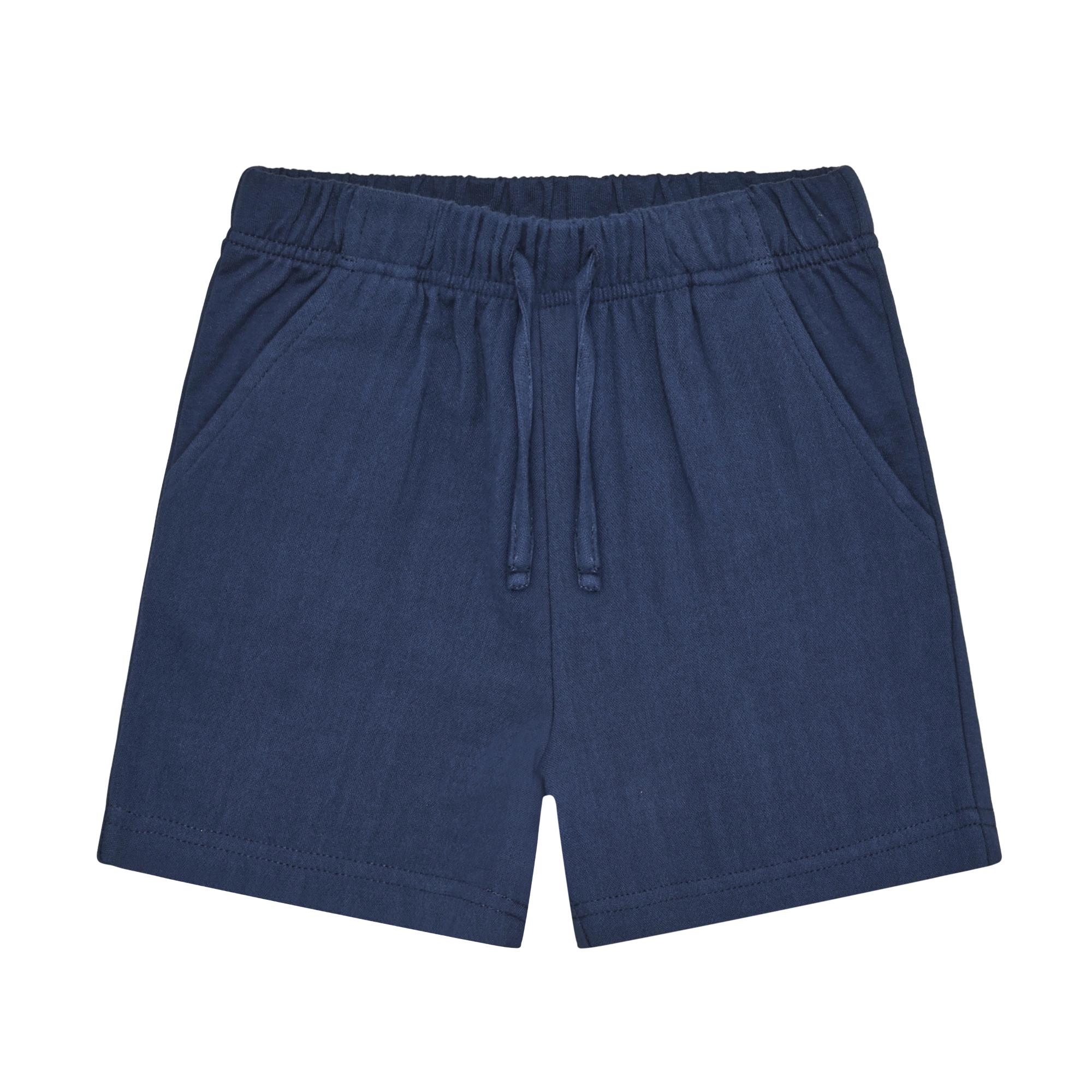 Dark blue relaxed-fit muslin shorts with an elasticated drawstring waistband and two side pockets, laid flat.