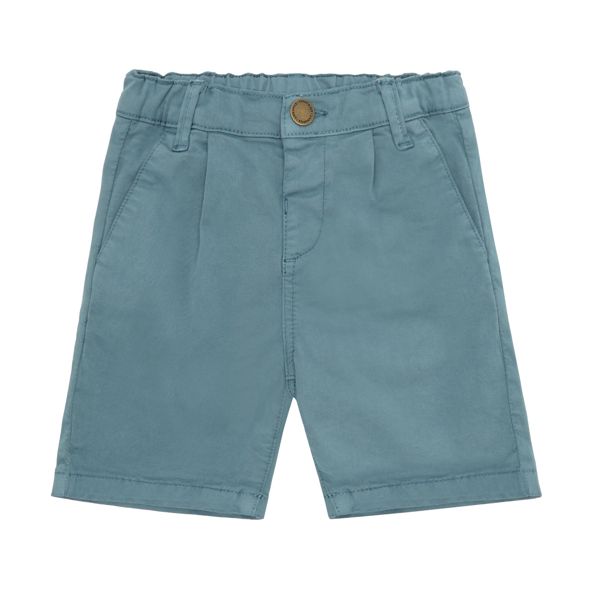 Light blue kids' woven shorts with an elasticated back waistband, front button and zip fly, and side pockets.