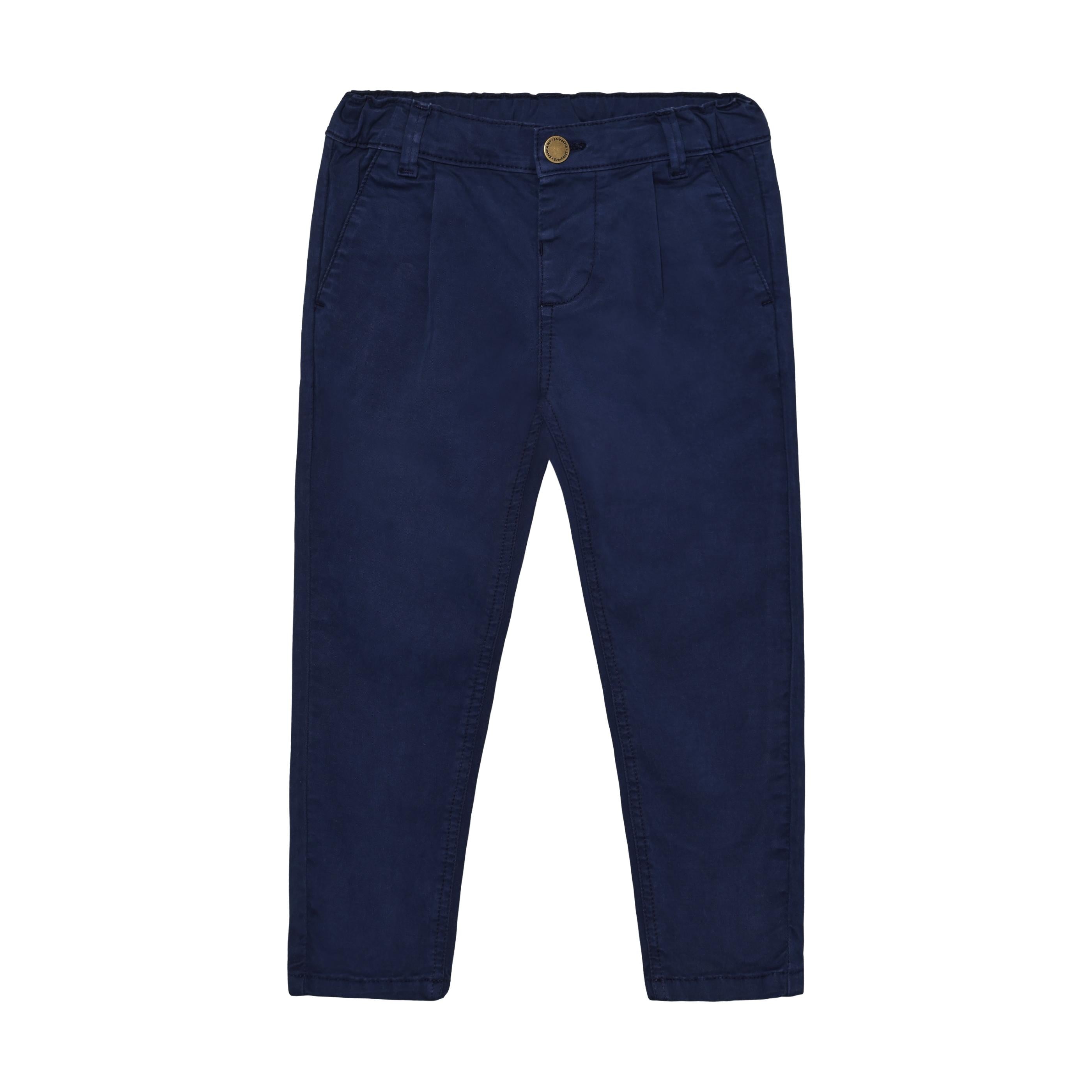 Pair of navy blue woven trousers for kids with an elasticated waistband, single button closure, and side slant pockets.