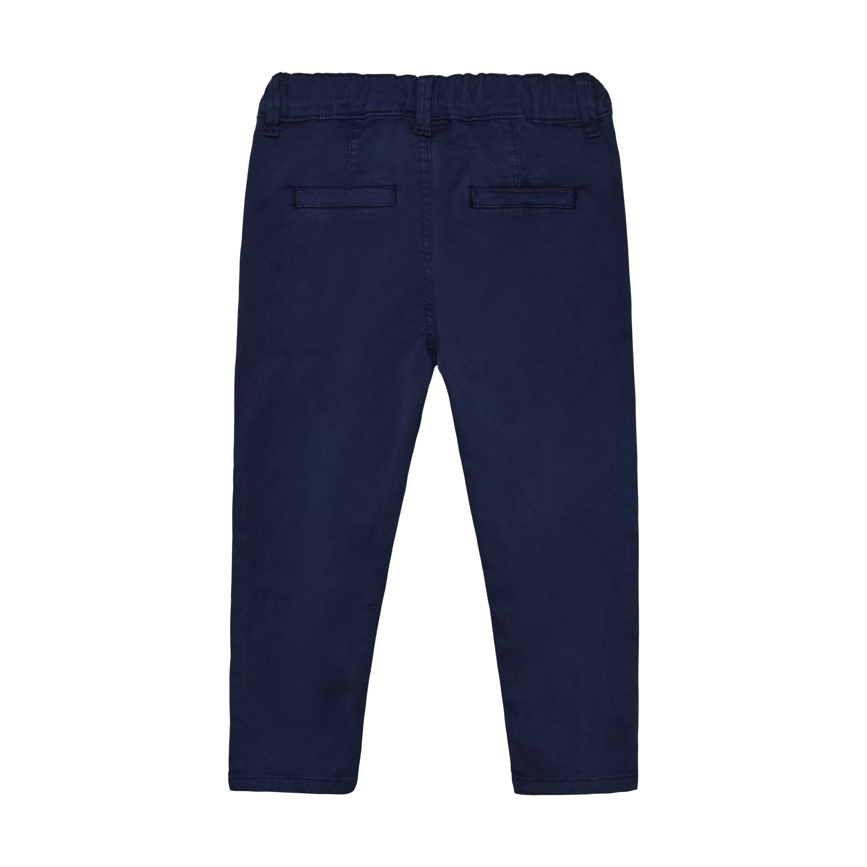 Dark blue woven pants, back view, with an elasticated waistband and two horizontal back welt pockets.