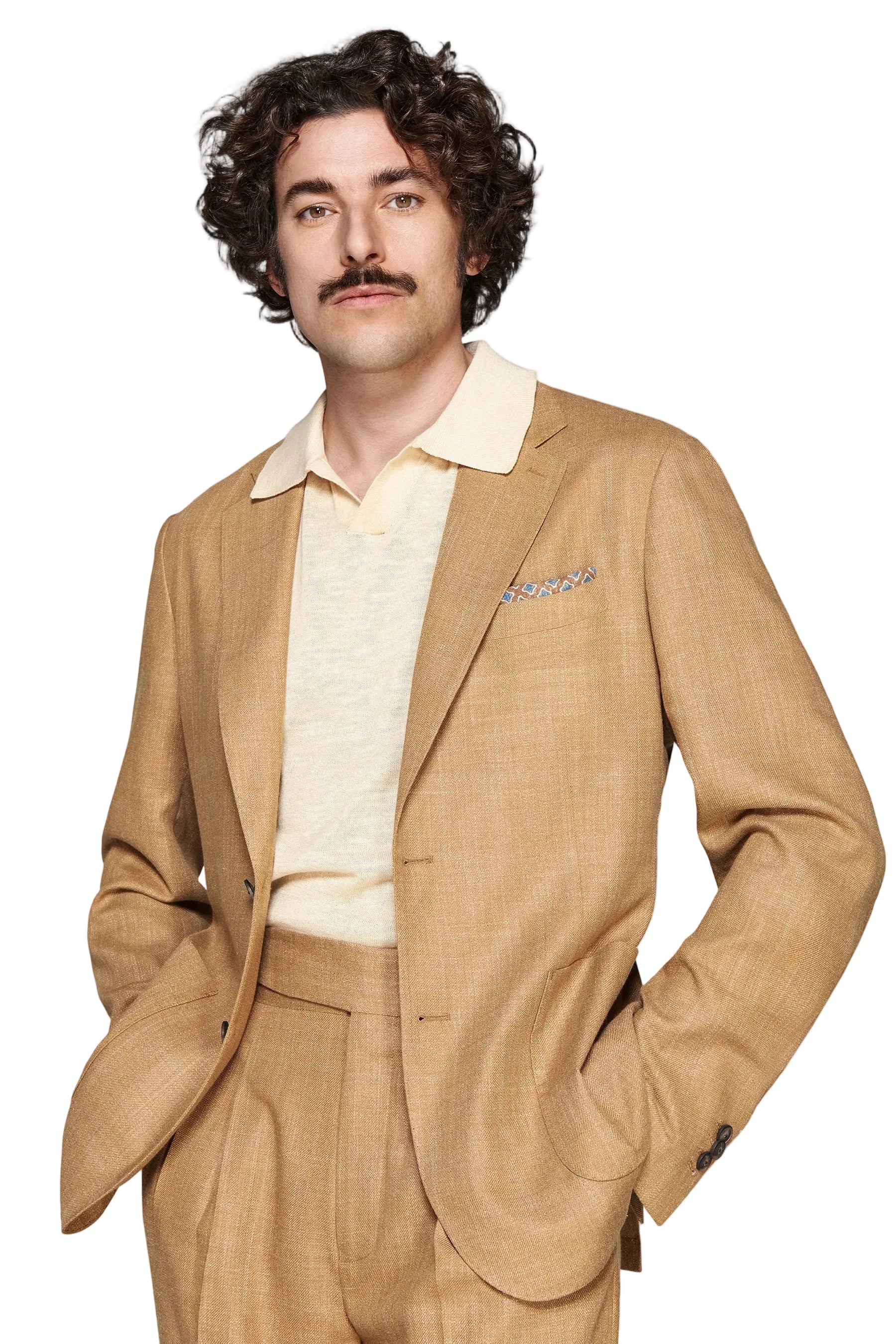 Tabacco brown men's single-breasted modular jacket with notched lapels, two-button closure, and patch pockets.