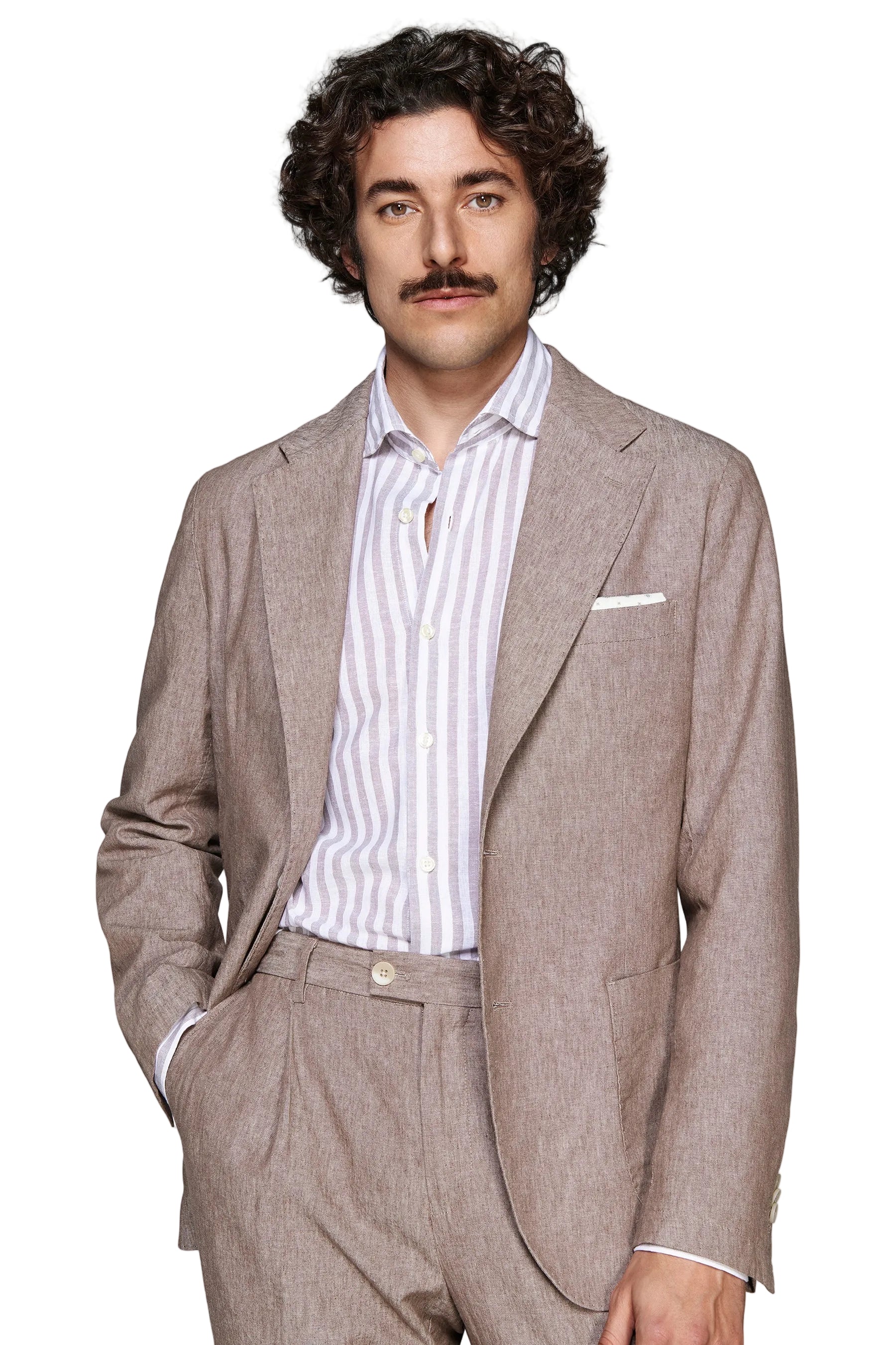 Men's tortora single-breasted tailored jacket with notched lapels, two-button closure, and patch pockets.