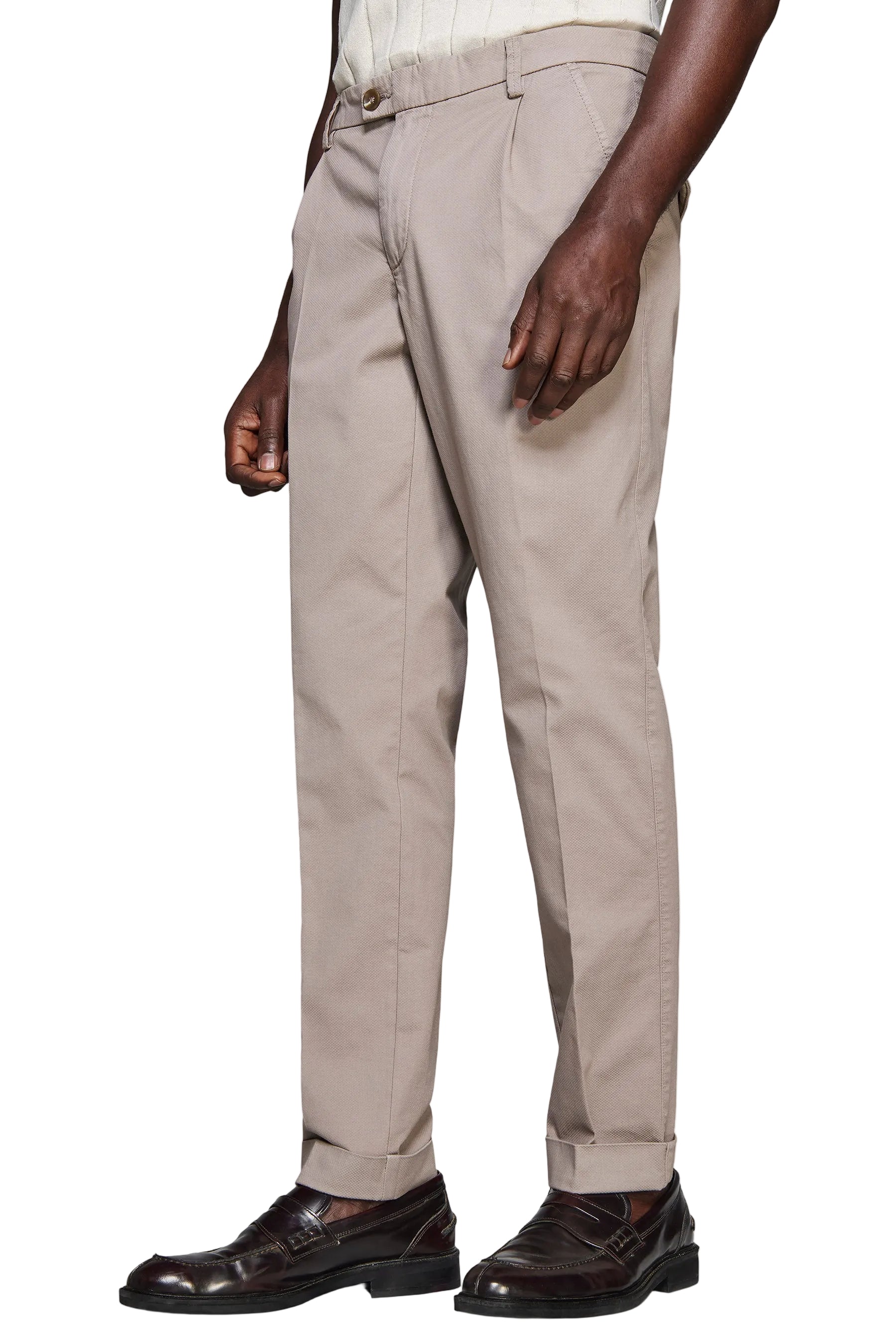 Tortora men's pleated straight-leg trousers with cuffed hems, belt loops, and side slant pockets.