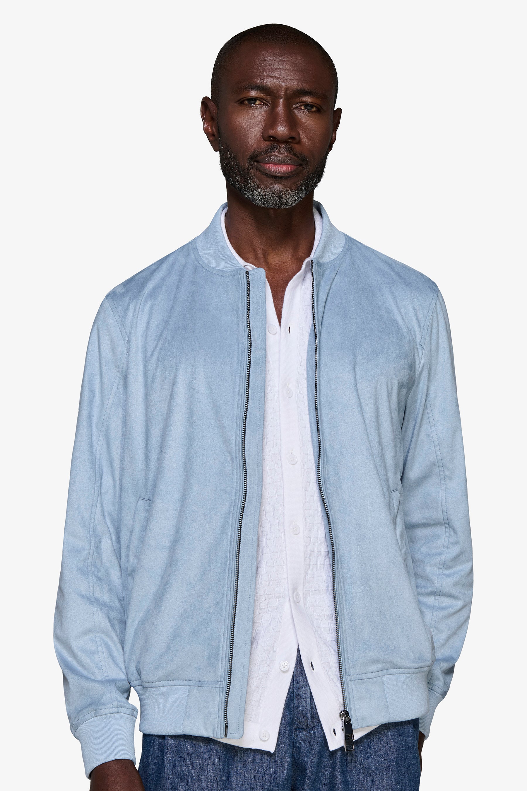 Light blue brushed fabric bomber jacket with a full zip closure, ribbed collar, cuffs, and hem.