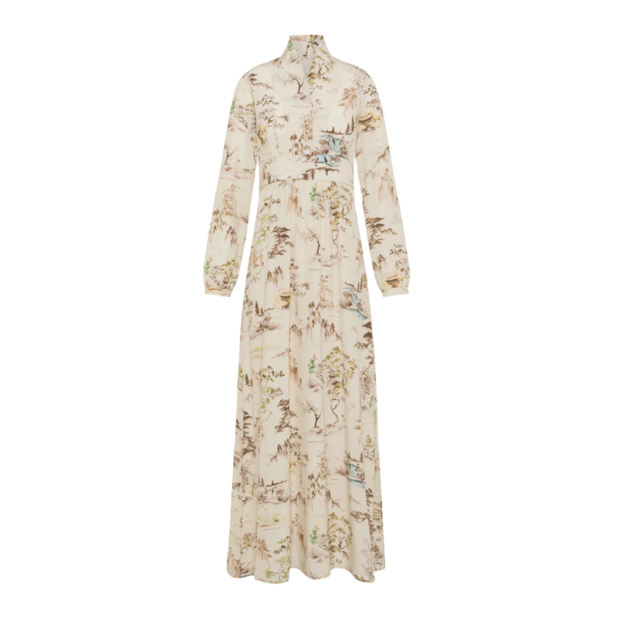 Momoni Suita Ladies Long Dress-in-Printed Crepe-De-Chine-Cream-Tobacco | Dress | Dresses | GCC | Long Dress | Winter 2024 | Women | Women All Clothing | Women All Clothing Dresses | Women Dresses | Womens | Womens Fashion