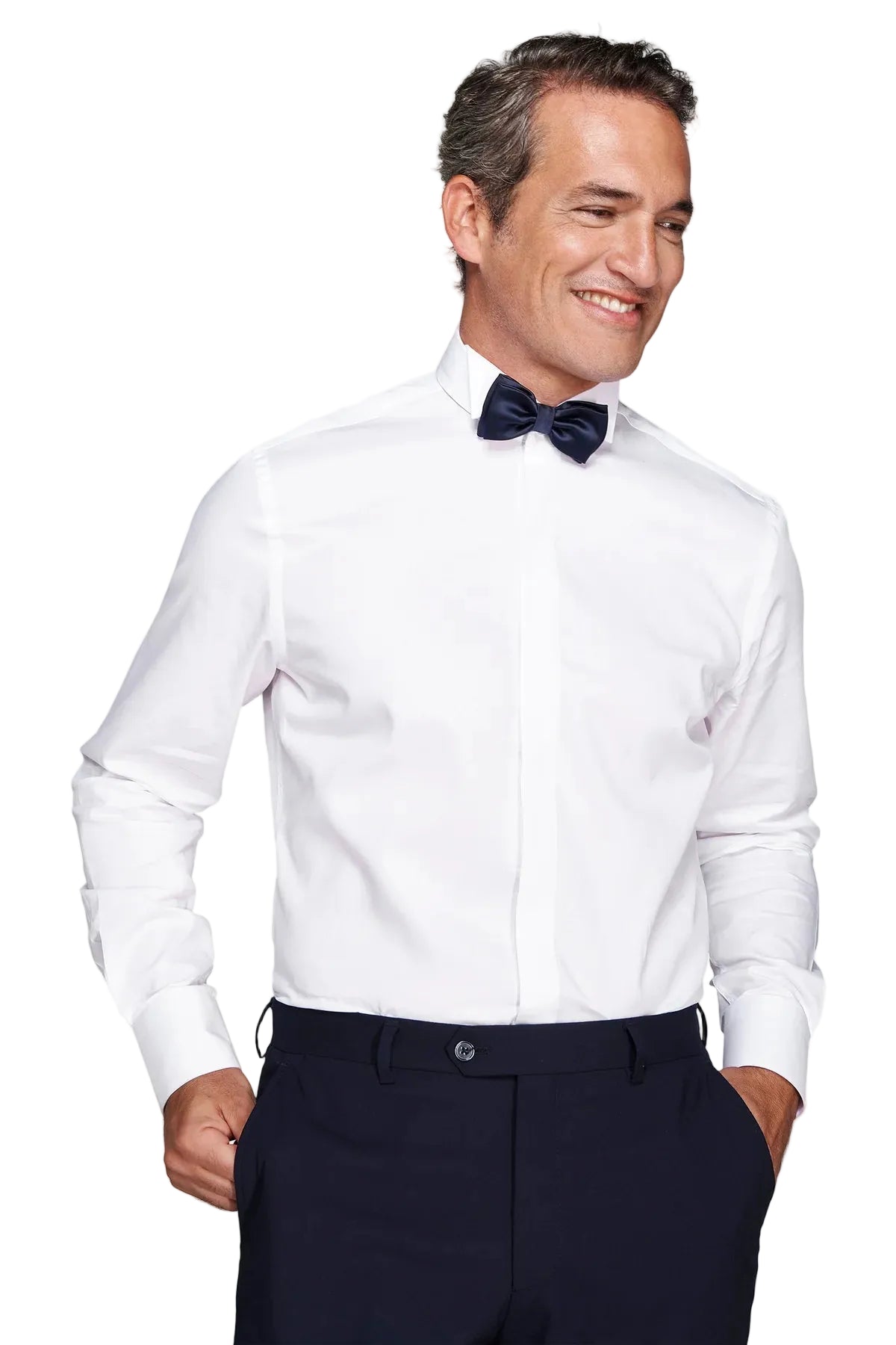 White men's long-sleeved tailored shirt with a wing collar, concealed button placket, and buttoned cuffs.