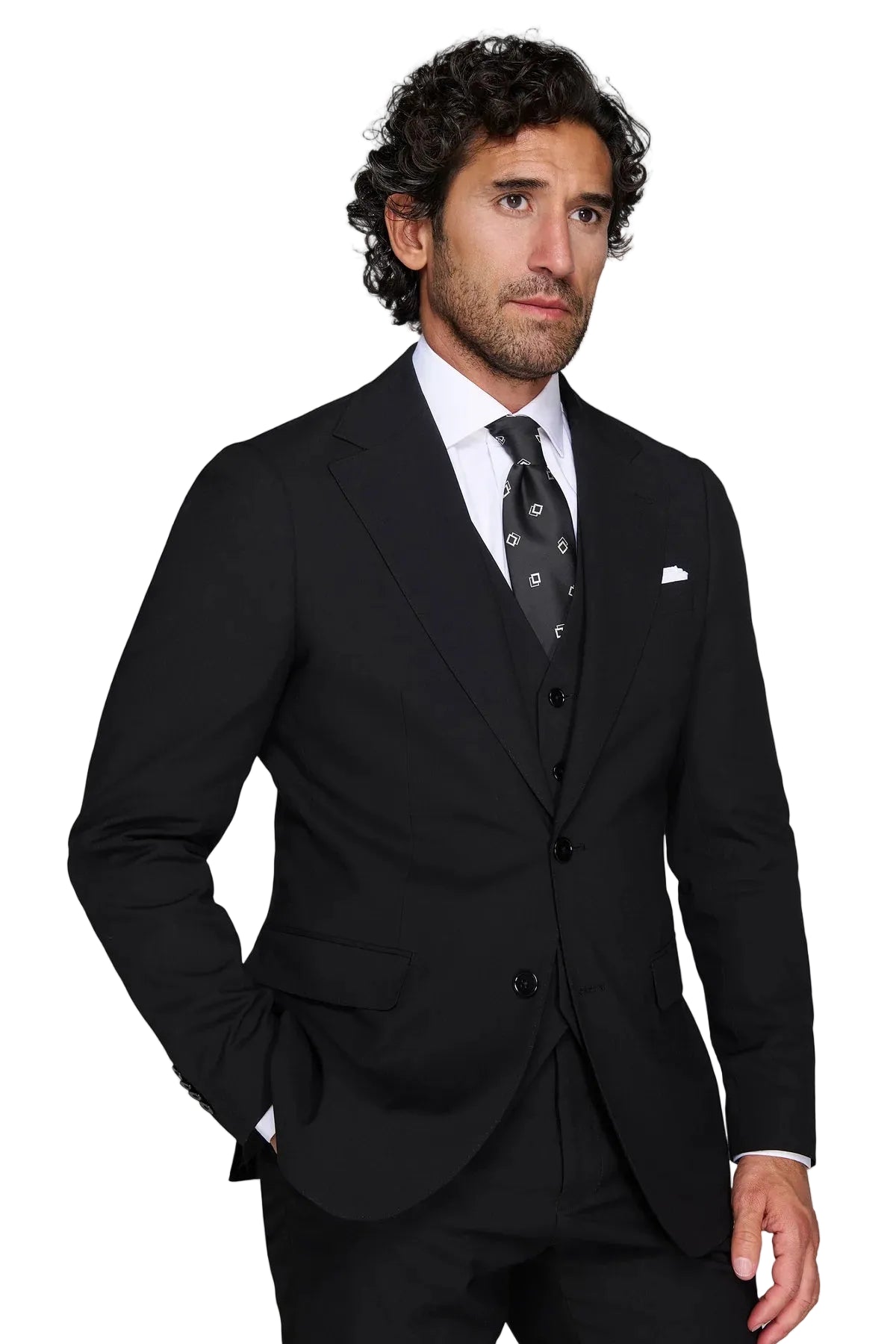 Men's black single-breasted modular jacket with notched lapels, two-button closure, and four-button cuffs.