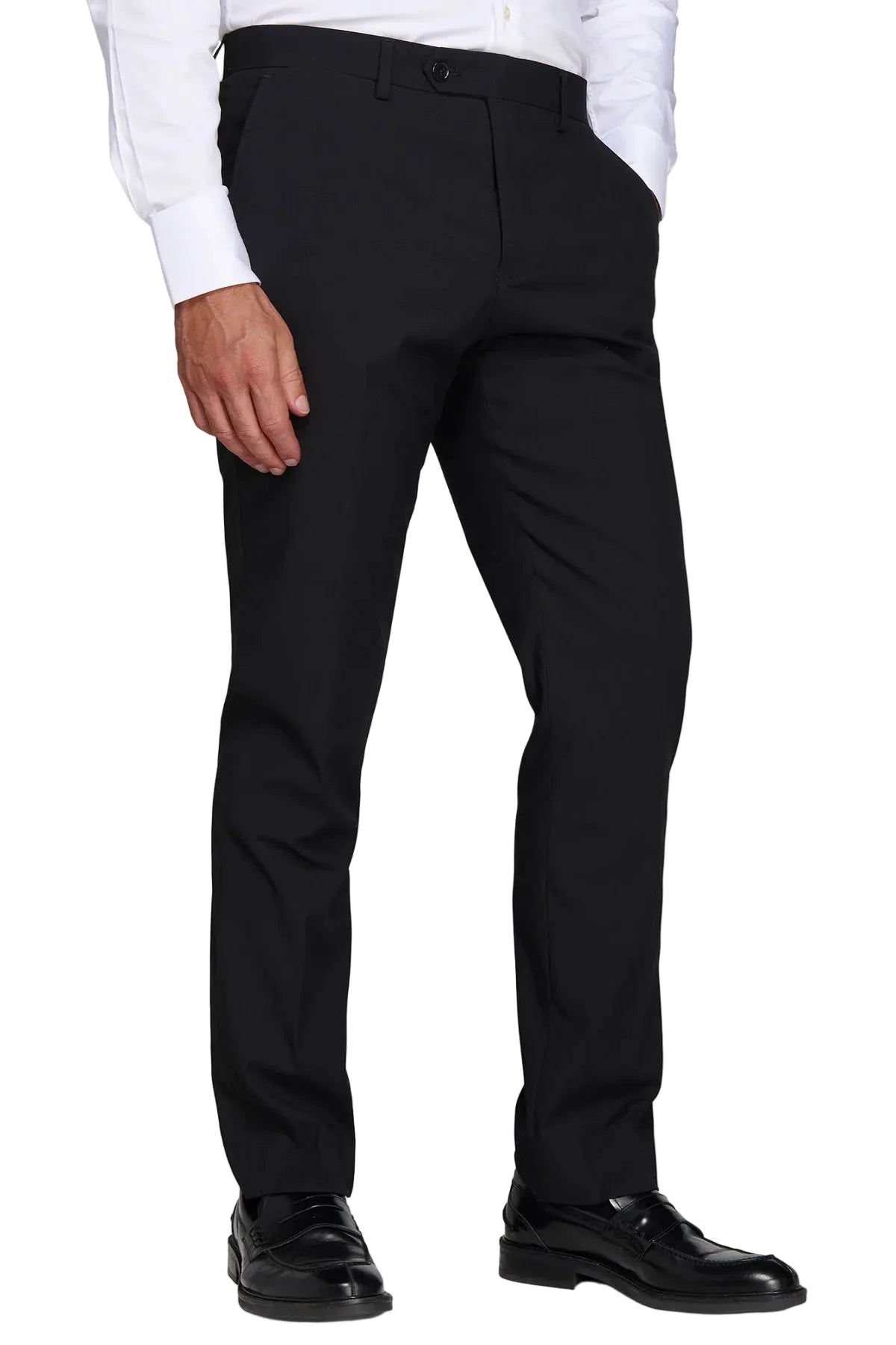 Black DAN JOHN modular straight-leg trousers with button and zip fly closure, belt loops, and slash front pockets.