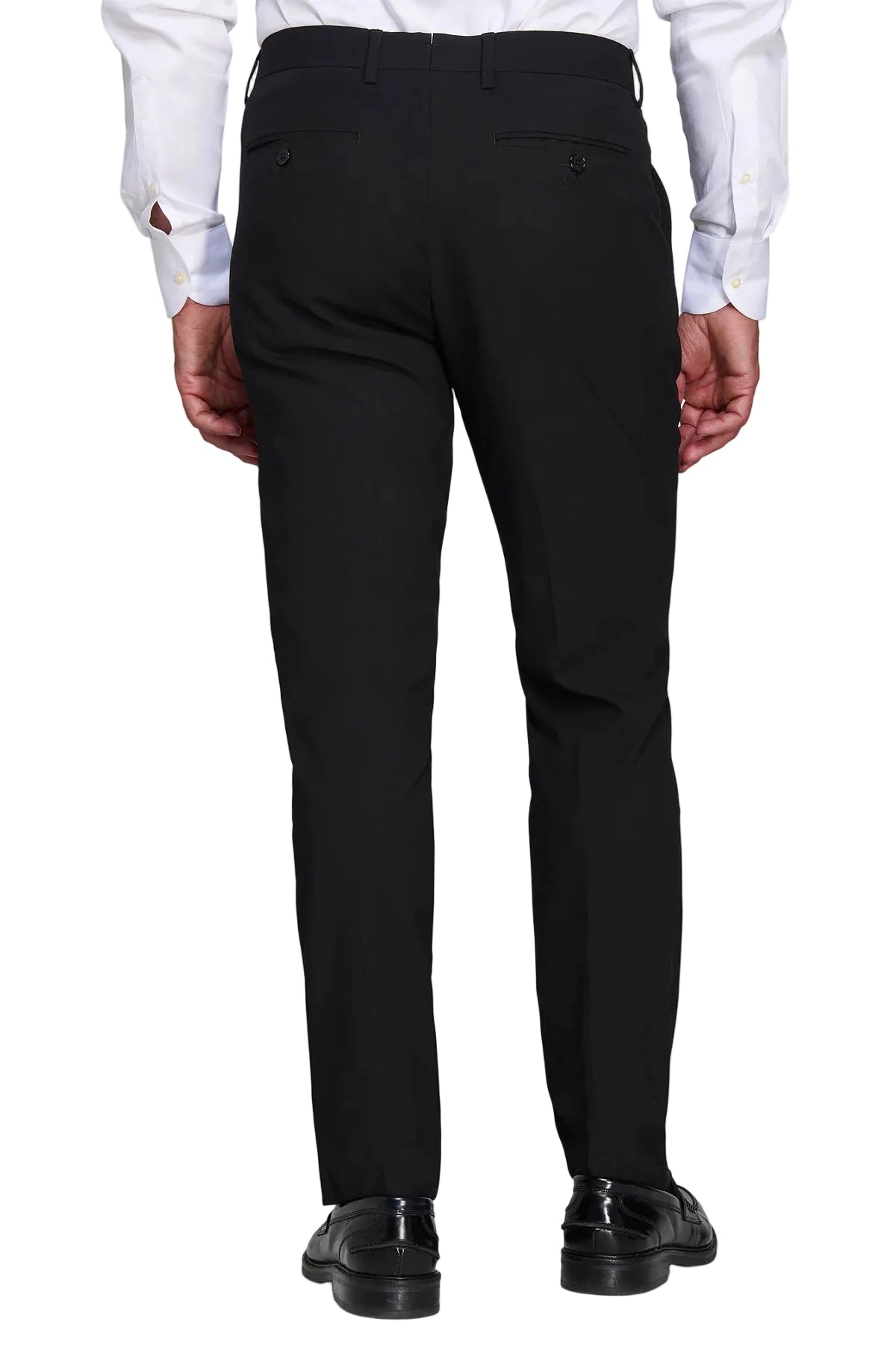 Black modular pants with a tailored fit, smooth fabric, and two back pockets with black button closures.