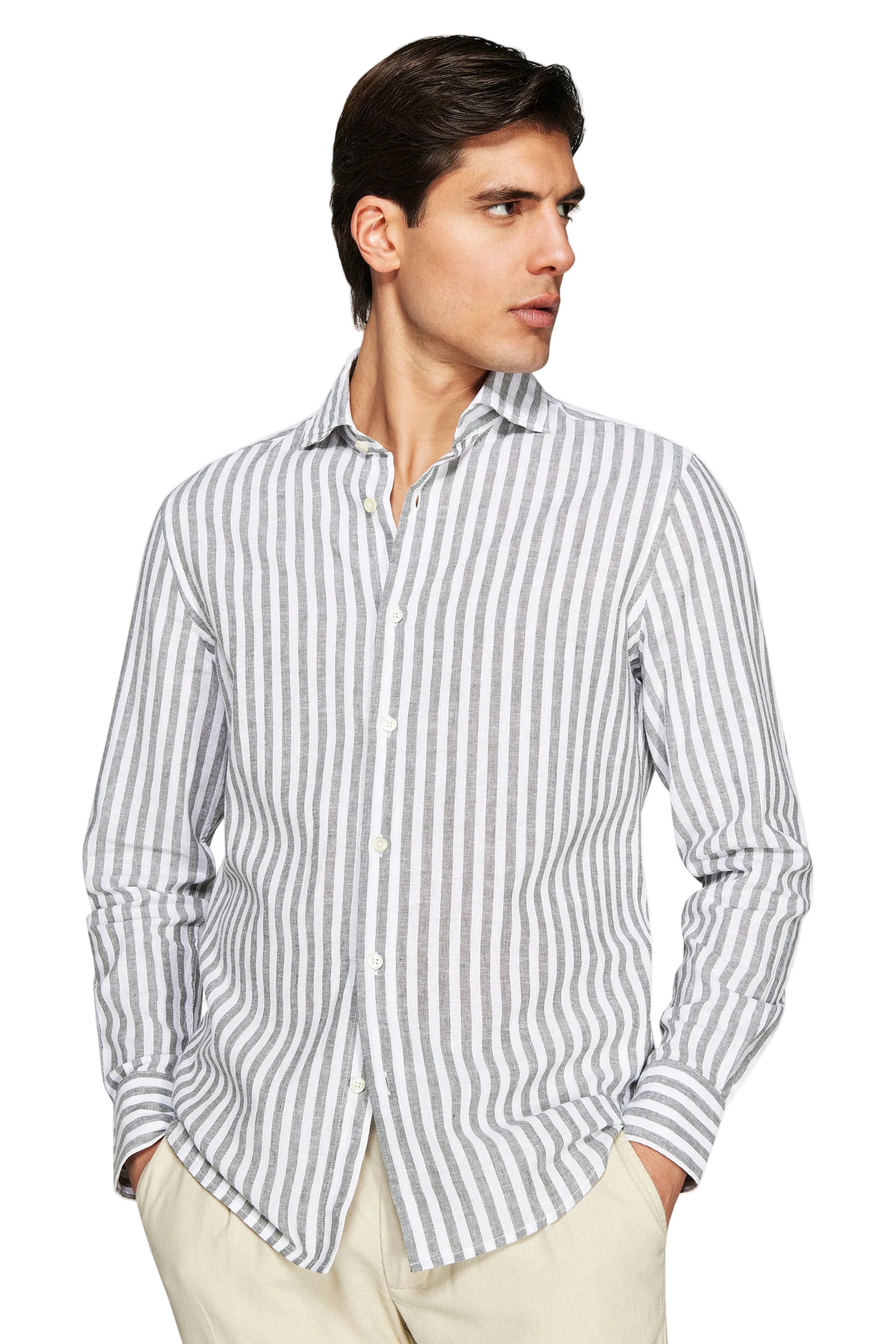 Men's long-sleeved shirt with vertical grey and white stripes, featuring a spread collar and light-toned buttons.