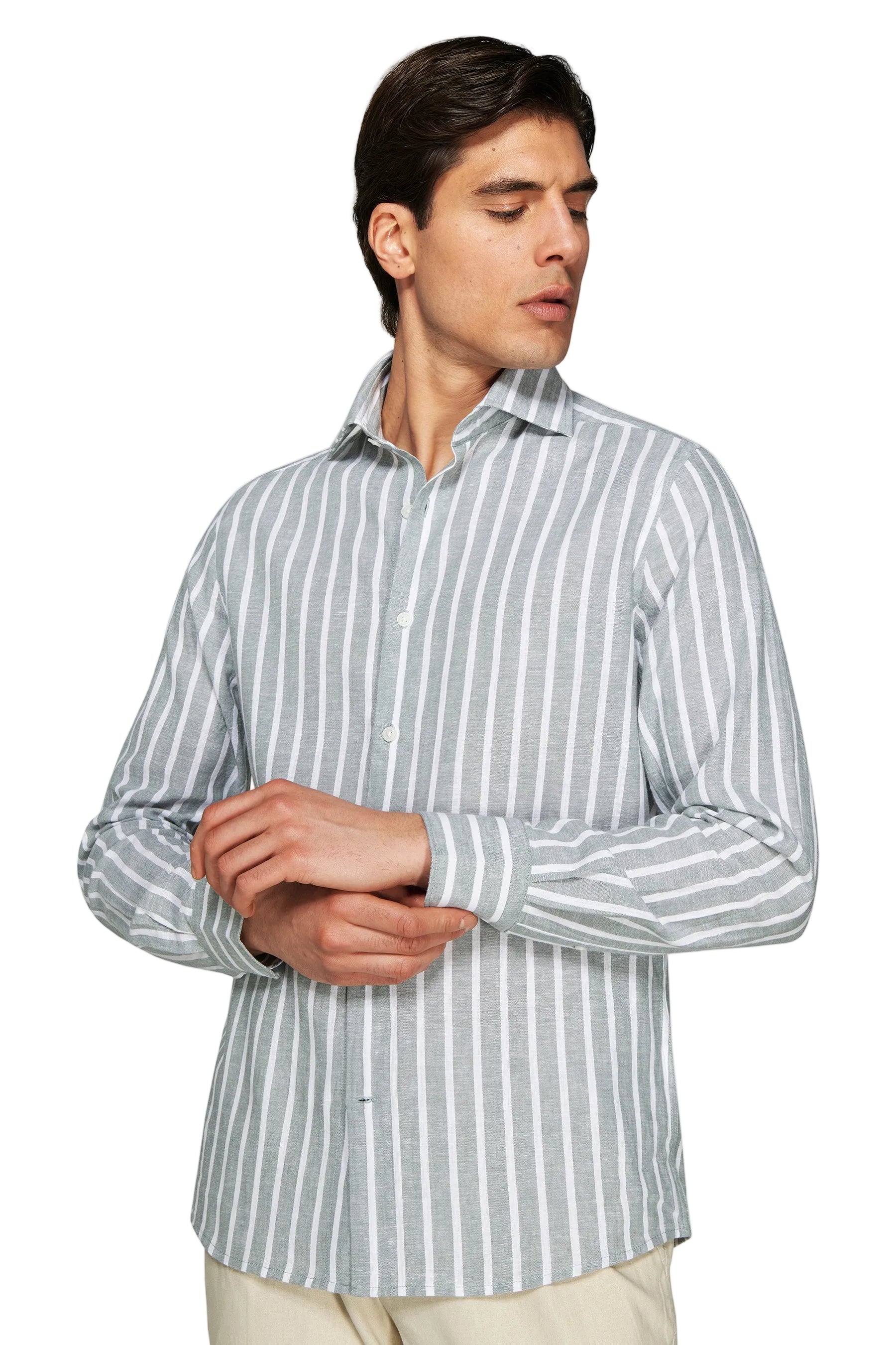 Men's light green and white striped long-sleeved shirt with a pointed collar, full-button placket, and buttoned cuffs.