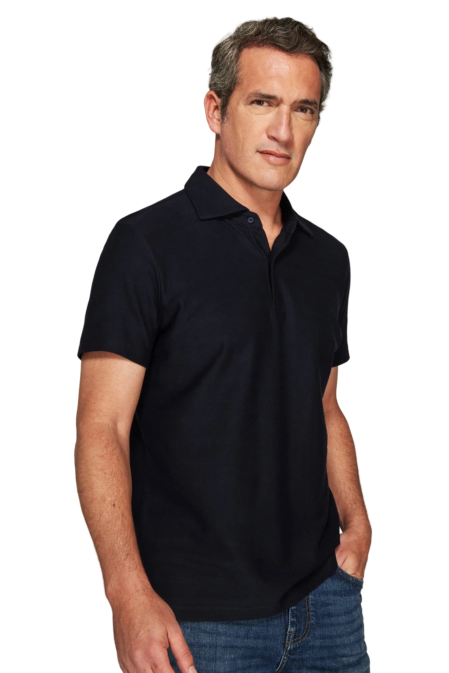 Dark blue short-sleeved men's polo shirt with a classic collar and a two-button placket.