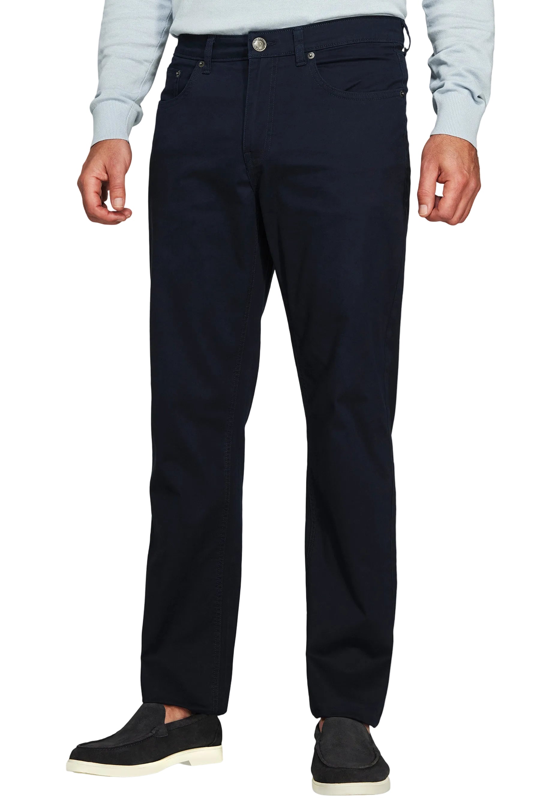 Navy blue classic straight-leg trousers with a five-pocket design, silver-toned button closure, and belt loops.