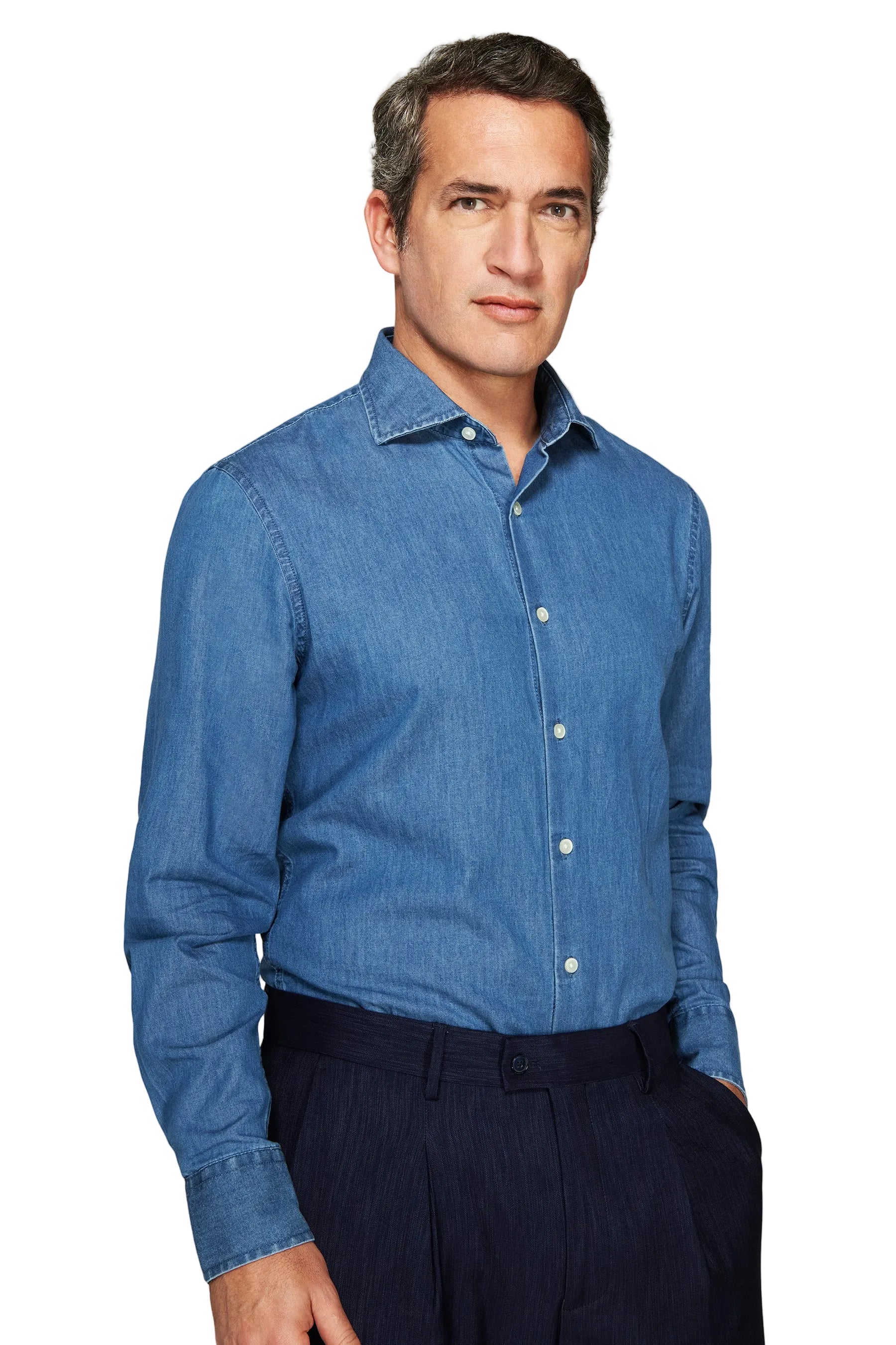 Light blue long-sleeved denim shirt with a classic collar, full-button placket, and white buttons on the front and cuffs.