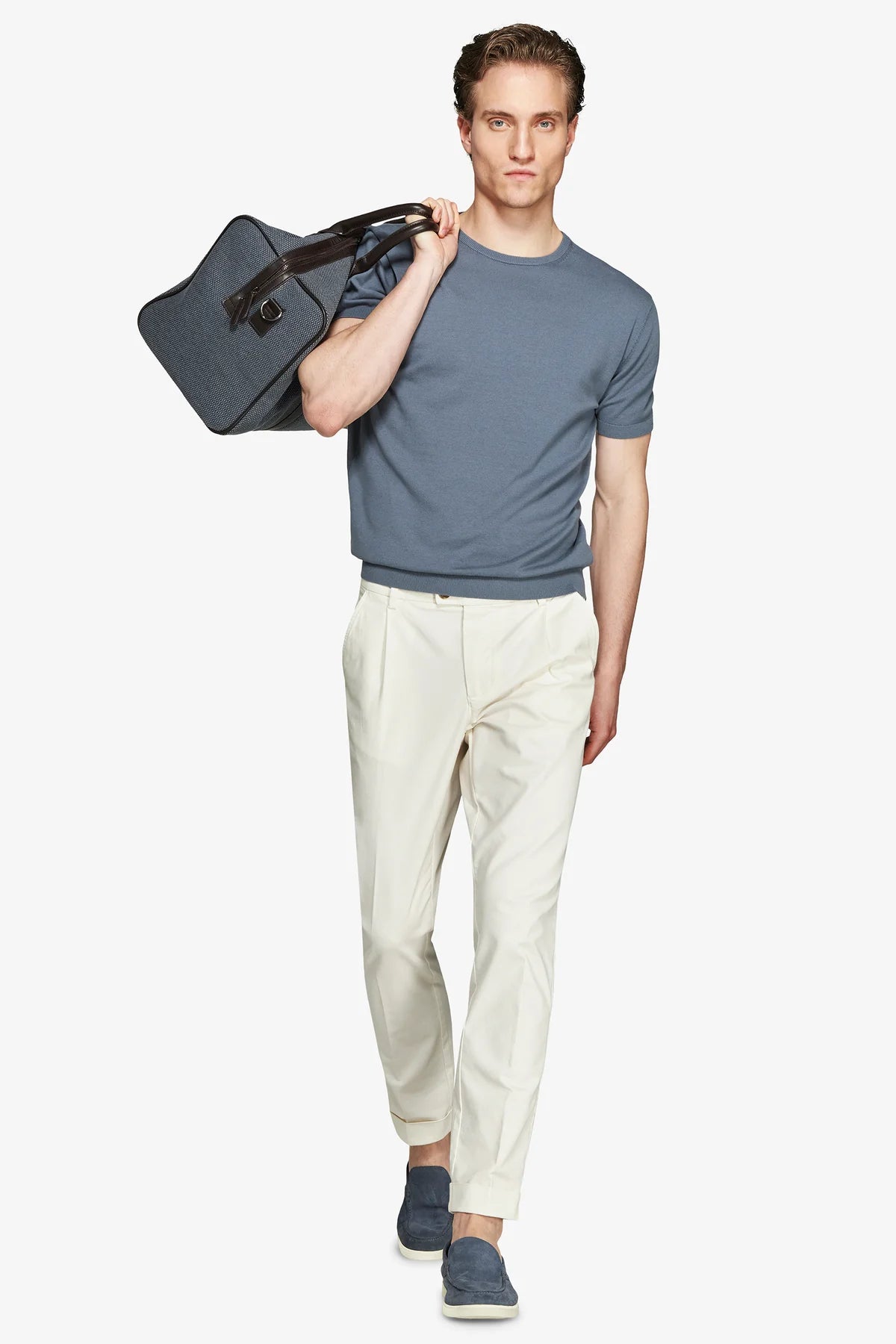 Blue-grey fine knit short-sleeve crew neck top with a ribbed hem.