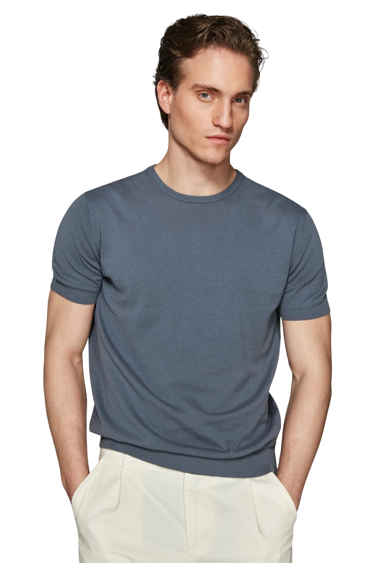 Men's slate blue short-sleeve knit top with a crew neck, ribbed cuffs, and ribbed hem.