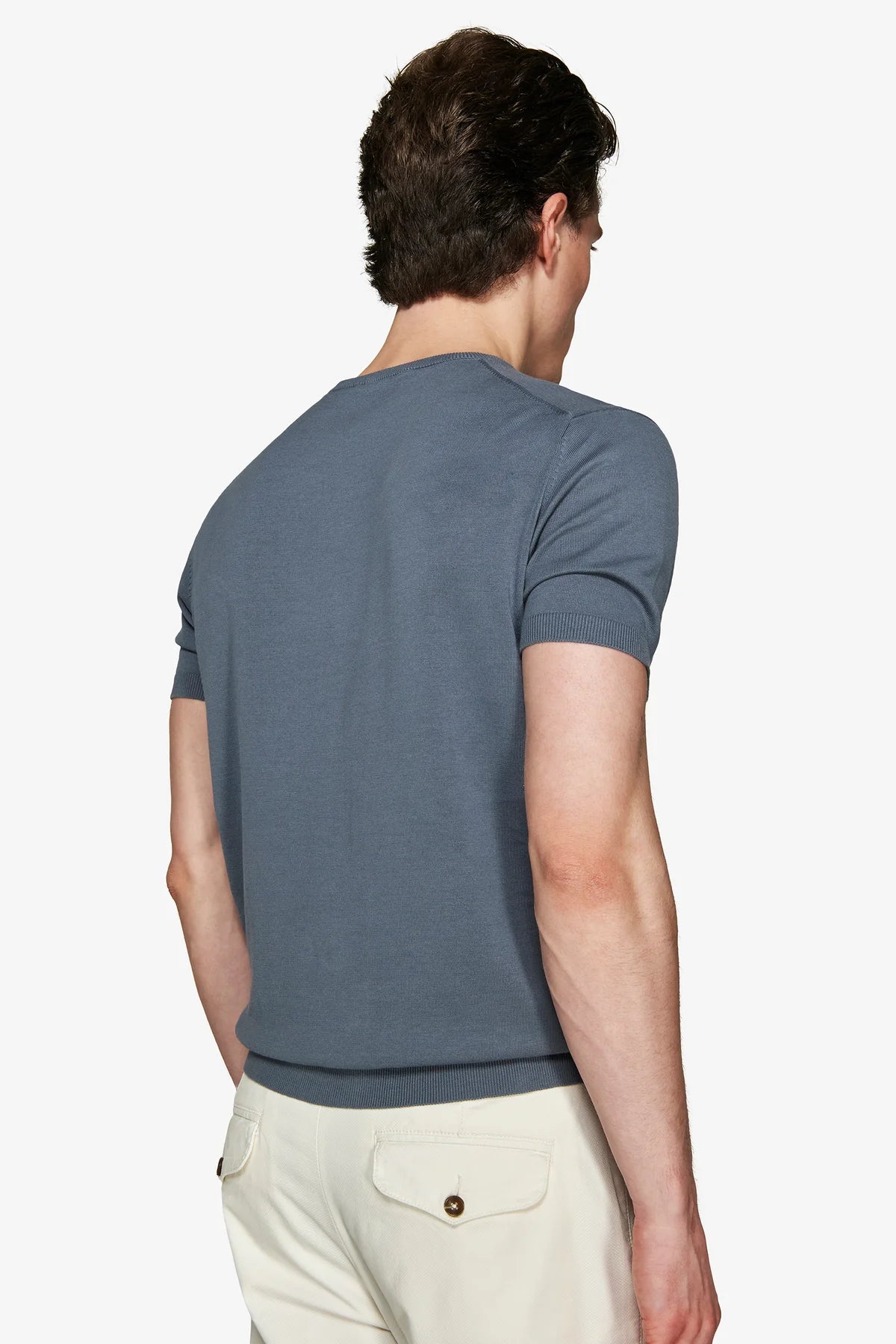 Blue-grey fine knit short-sleeved top with a crew neck, ribbed cuffs, and ribbed hem, viewed from the back.