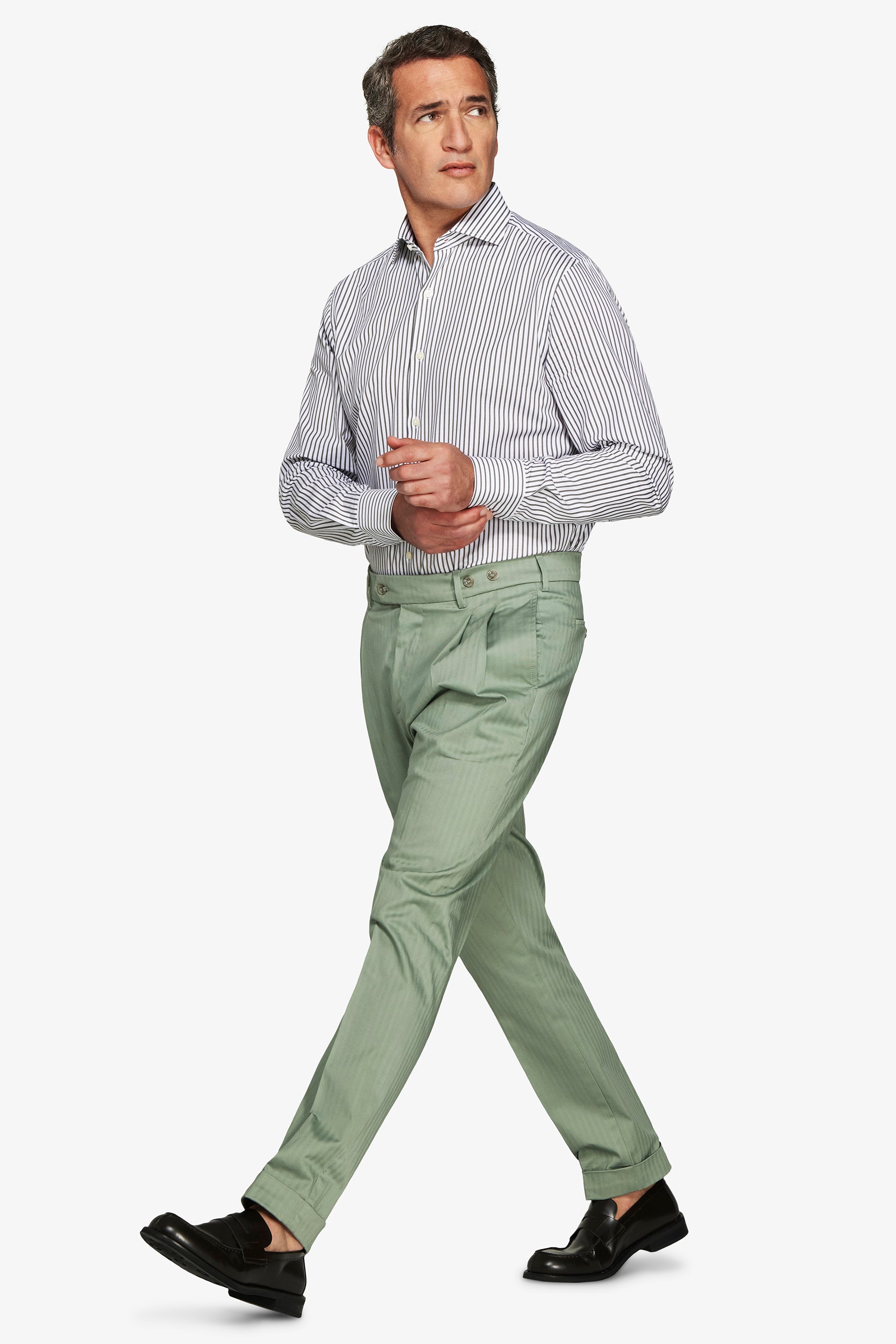 White long-sleeve shirt with thin dark vertical stripes, a spread collar, and buttoned cuffs.